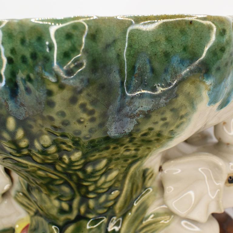 Glazed Ceramic Majolica Lucky Elephant Key Dish with Green Botanical Motif In Good Condition In Oklahoma City, OK