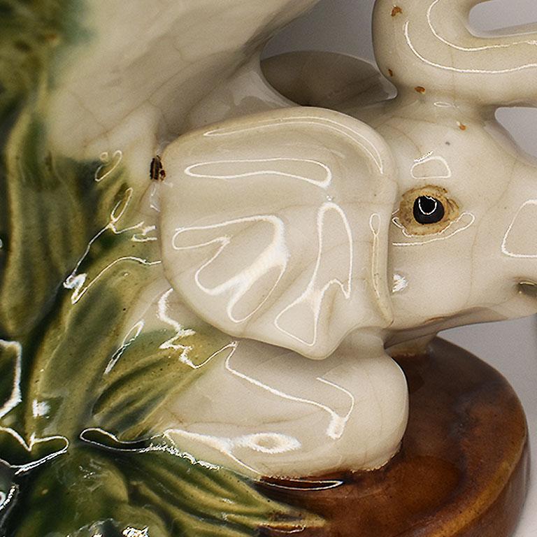 20th Century Glazed Ceramic Majolica Lucky Elephant Key Dish with Green Botanical Motif