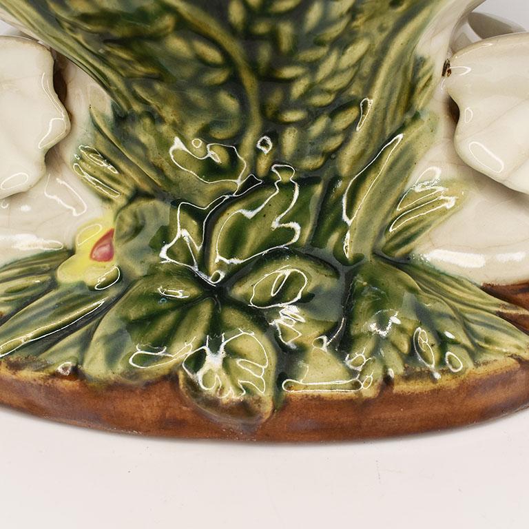 Glazed Ceramic Majolica Lucky Elephant Key Dish with Green Botanical Motif 1