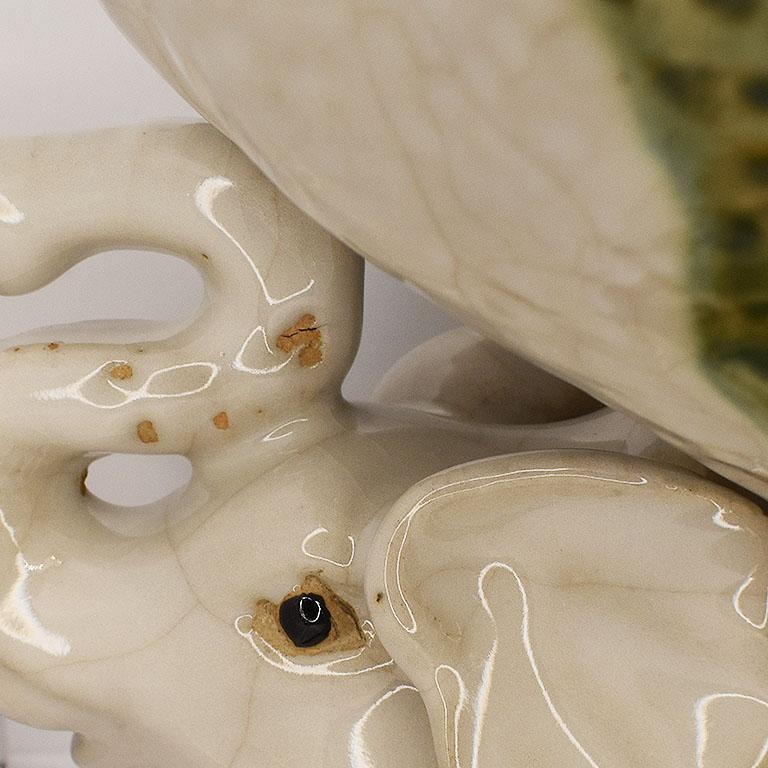 Glazed Ceramic Majolica Lucky Elephant Key Dish with Green Botanical Motif 2