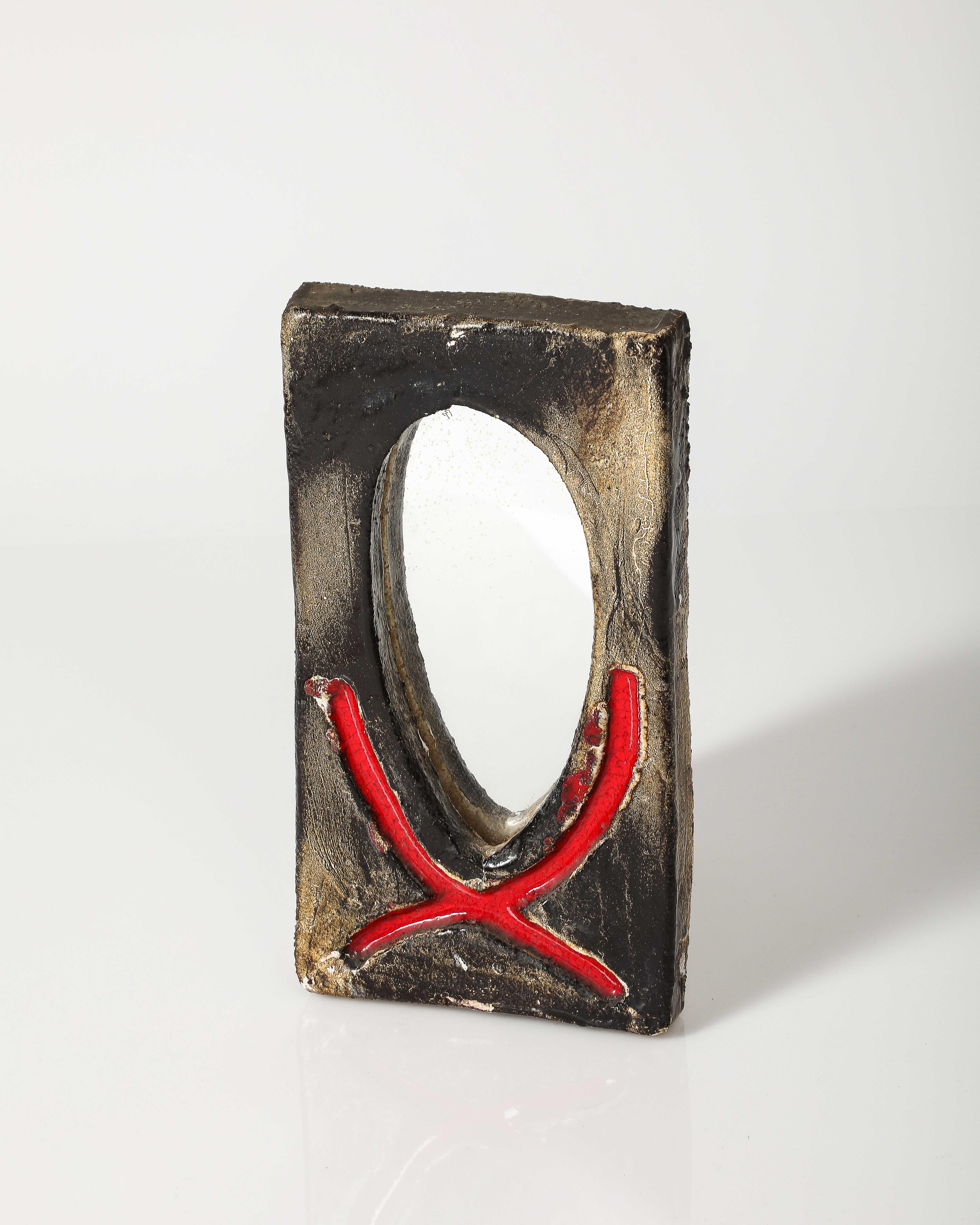 Glazed Ceramic Mirror, Vallauris, France, c. 1960 In Excellent Condition For Sale In New York City, NY