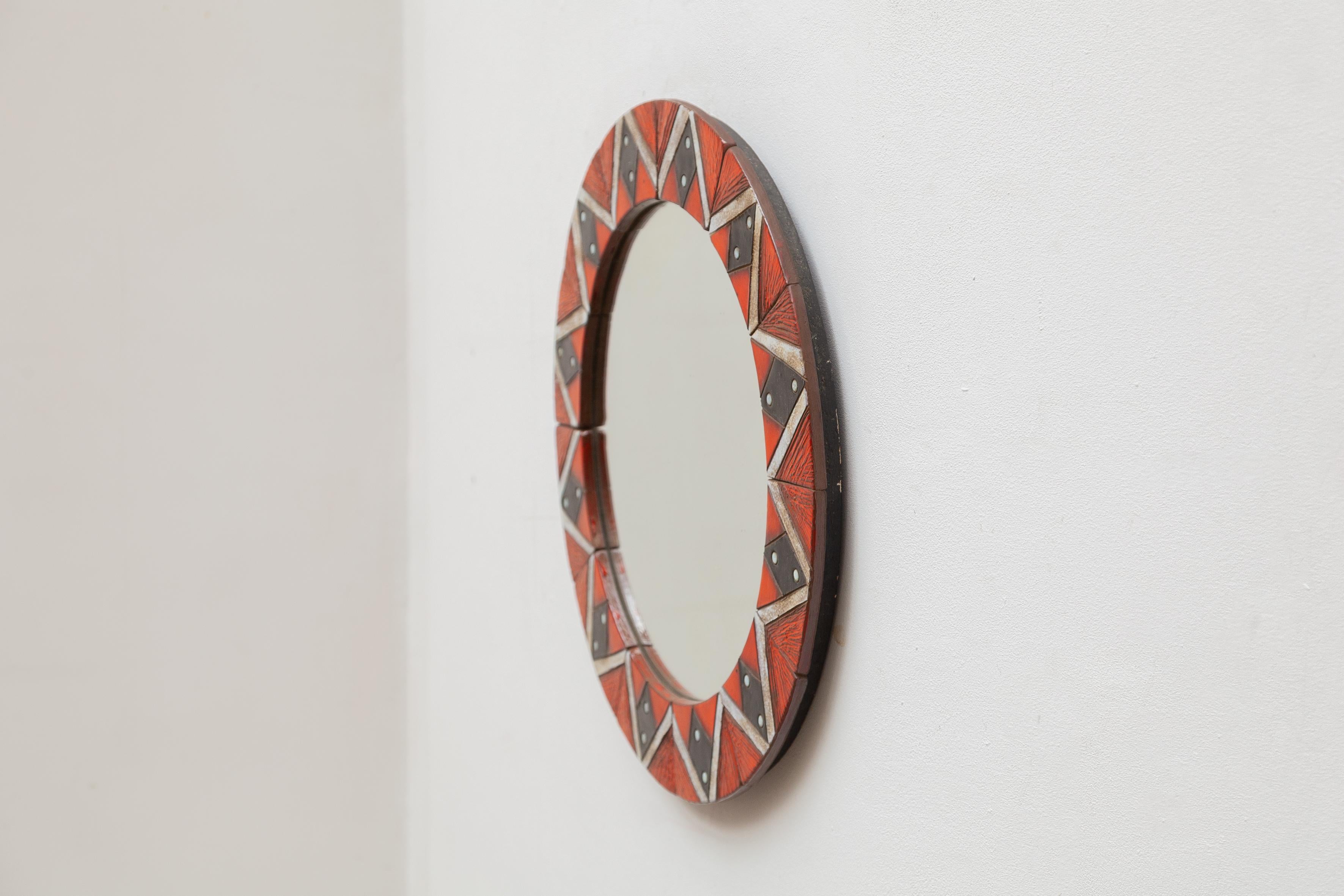 Mid-Century Modern Glazed Ceramic Mosaic Tiles Round Mirror 1960s Belgium by Oswald Tieberghien