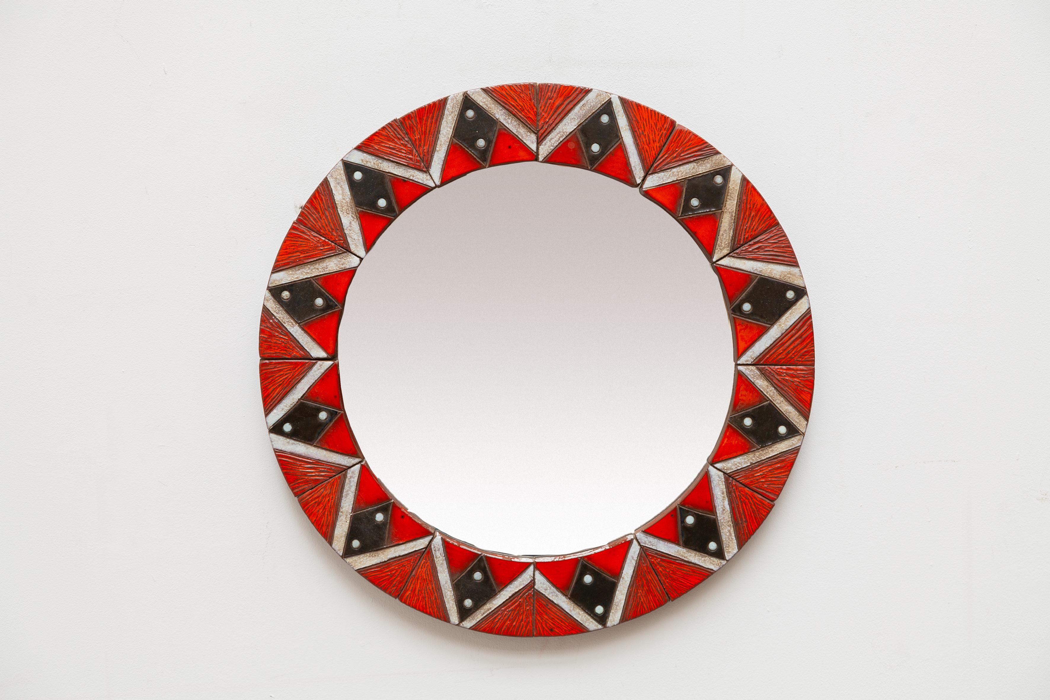 Belgian Glazed Ceramic Mosaic Tiles Round Mirror 1960s Belgium by Oswald Tieberghien