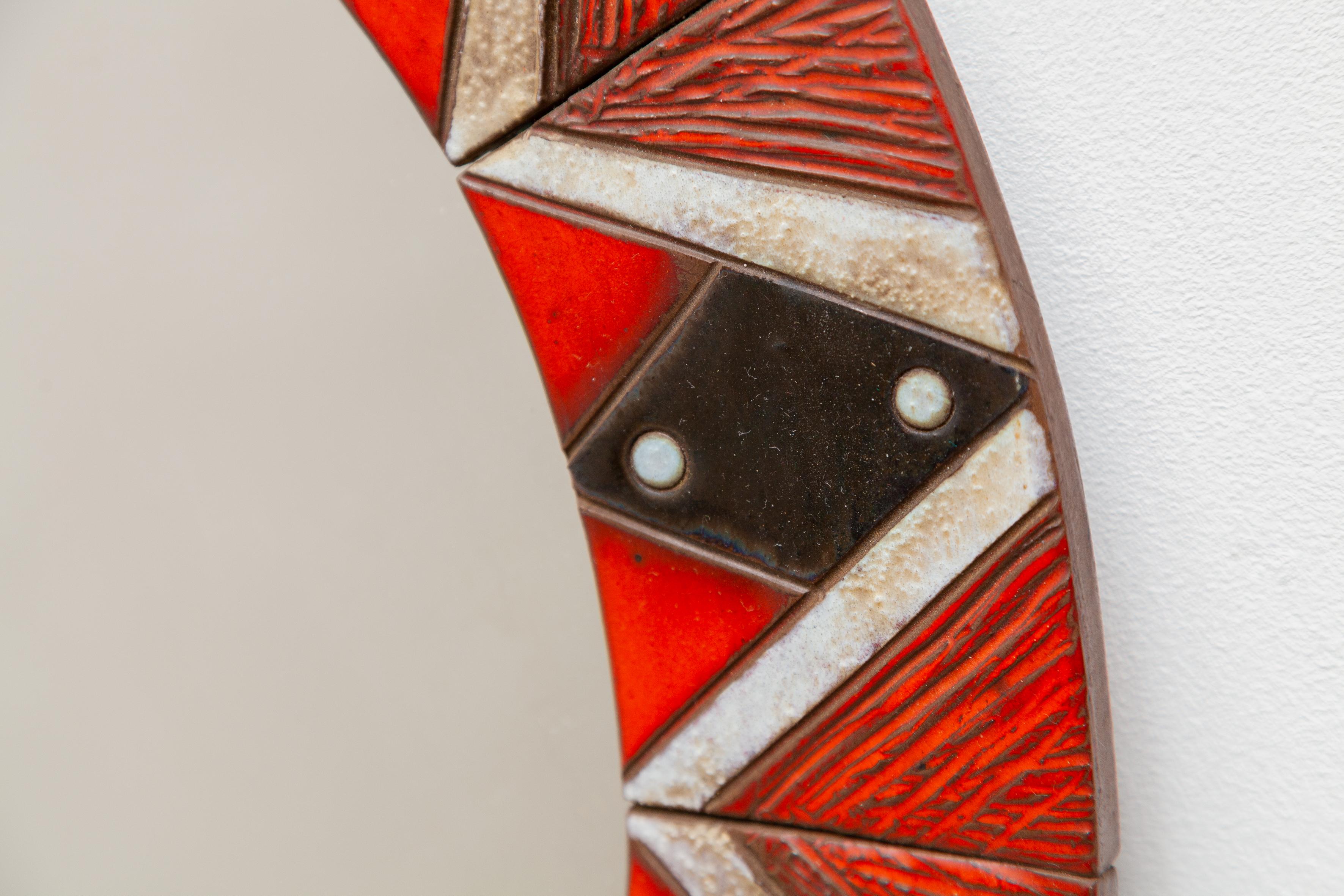 Hand-Crafted Glazed Ceramic Mosaic Tiles Round Mirror 1960s Belgium by Oswald Tieberghien