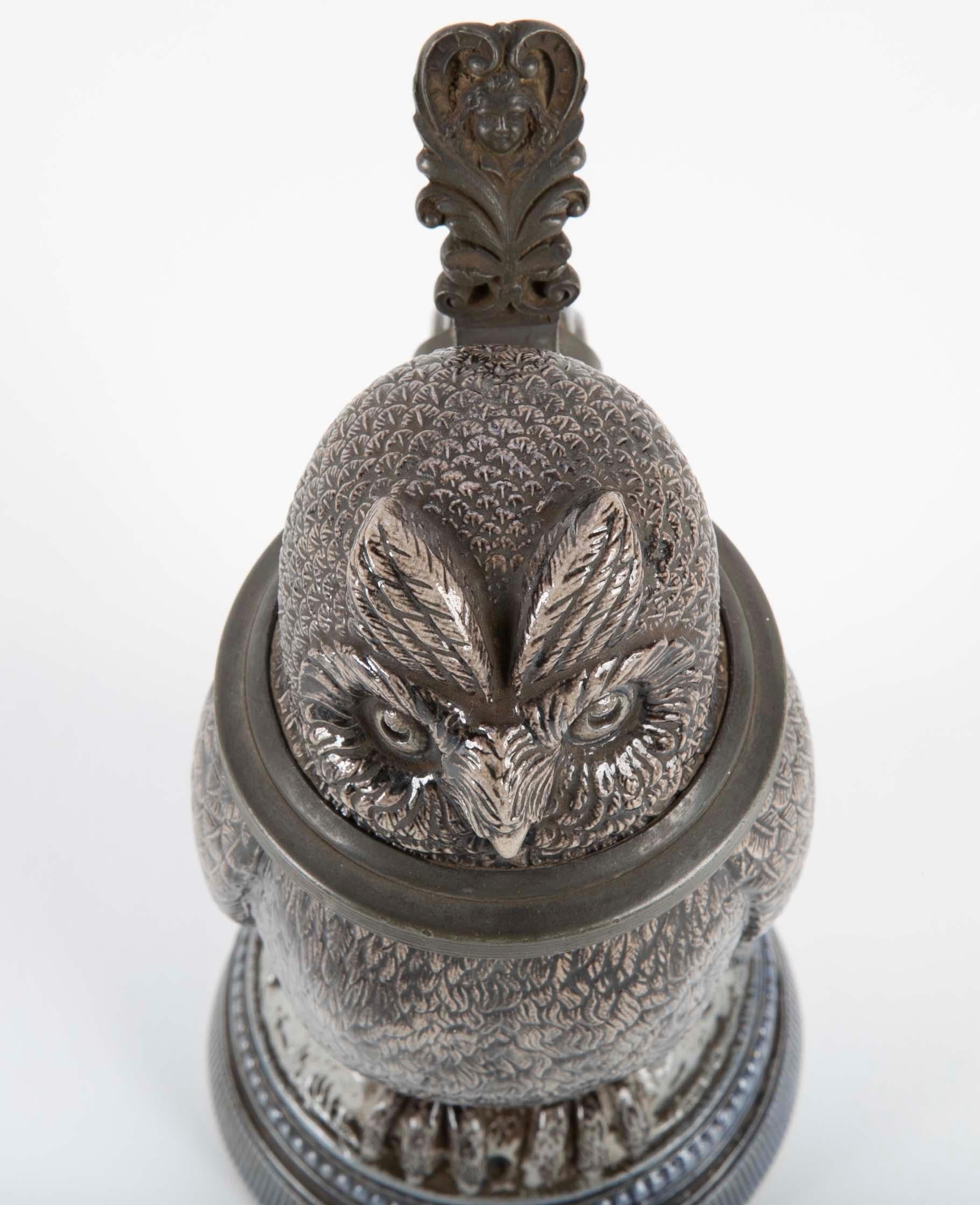 Glazed Ceramic Owl Form Tankard with Pewter Mounts For Sale 5