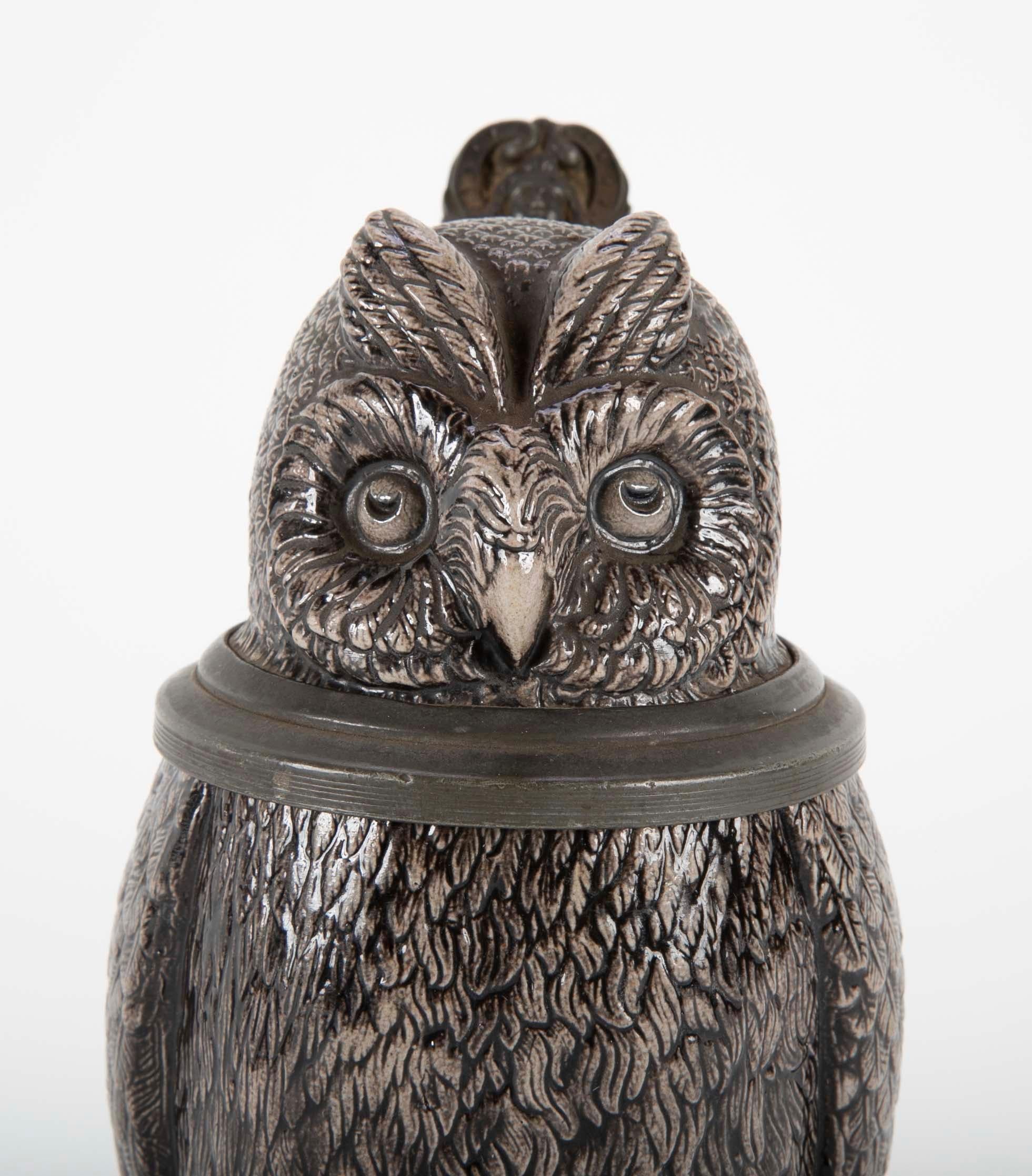 Black Forest Glazed Ceramic Owl Form Tankard with Pewter Mounts For Sale