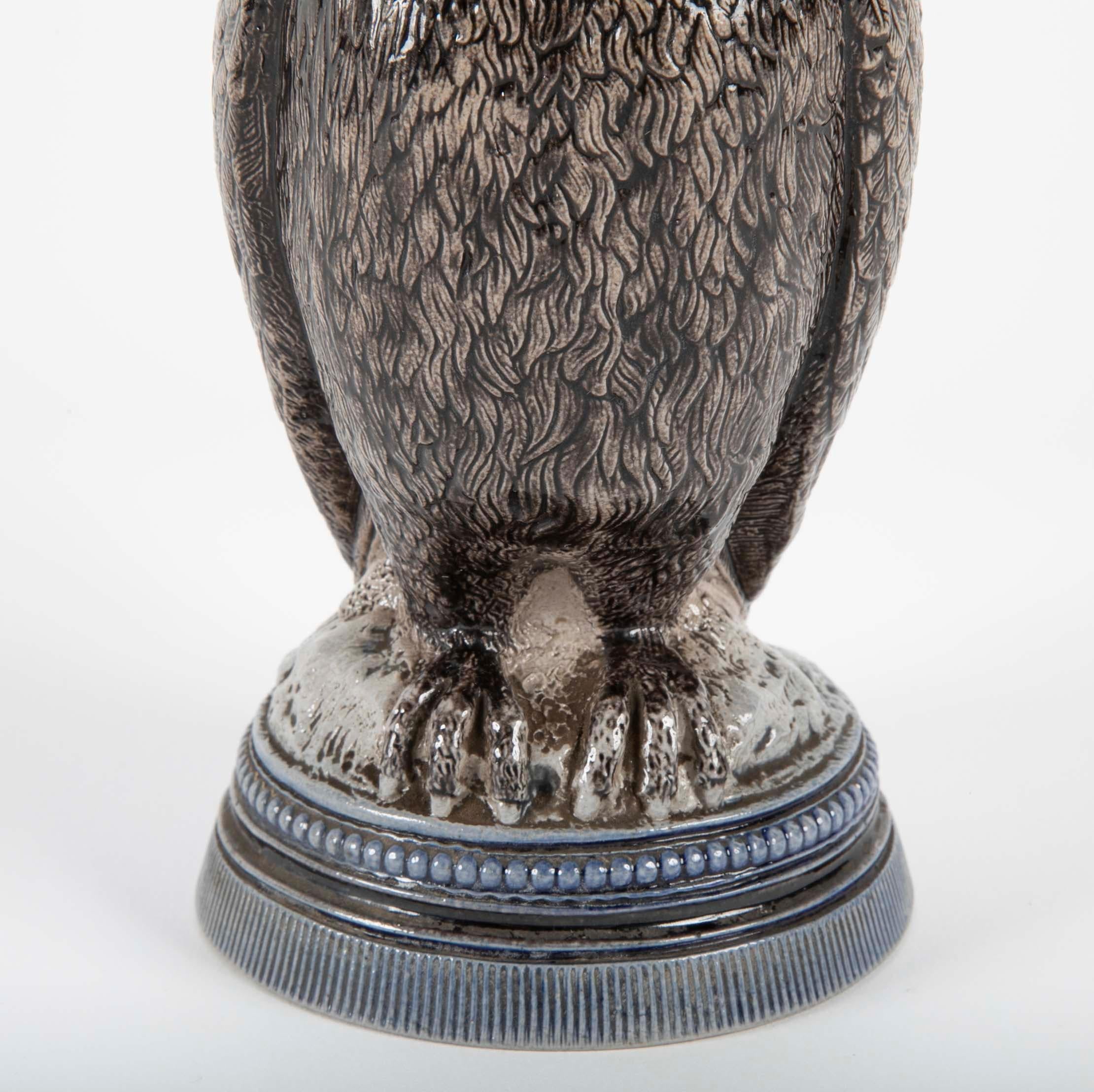 German Glazed Ceramic Owl Form Tankard with Pewter Mounts For Sale