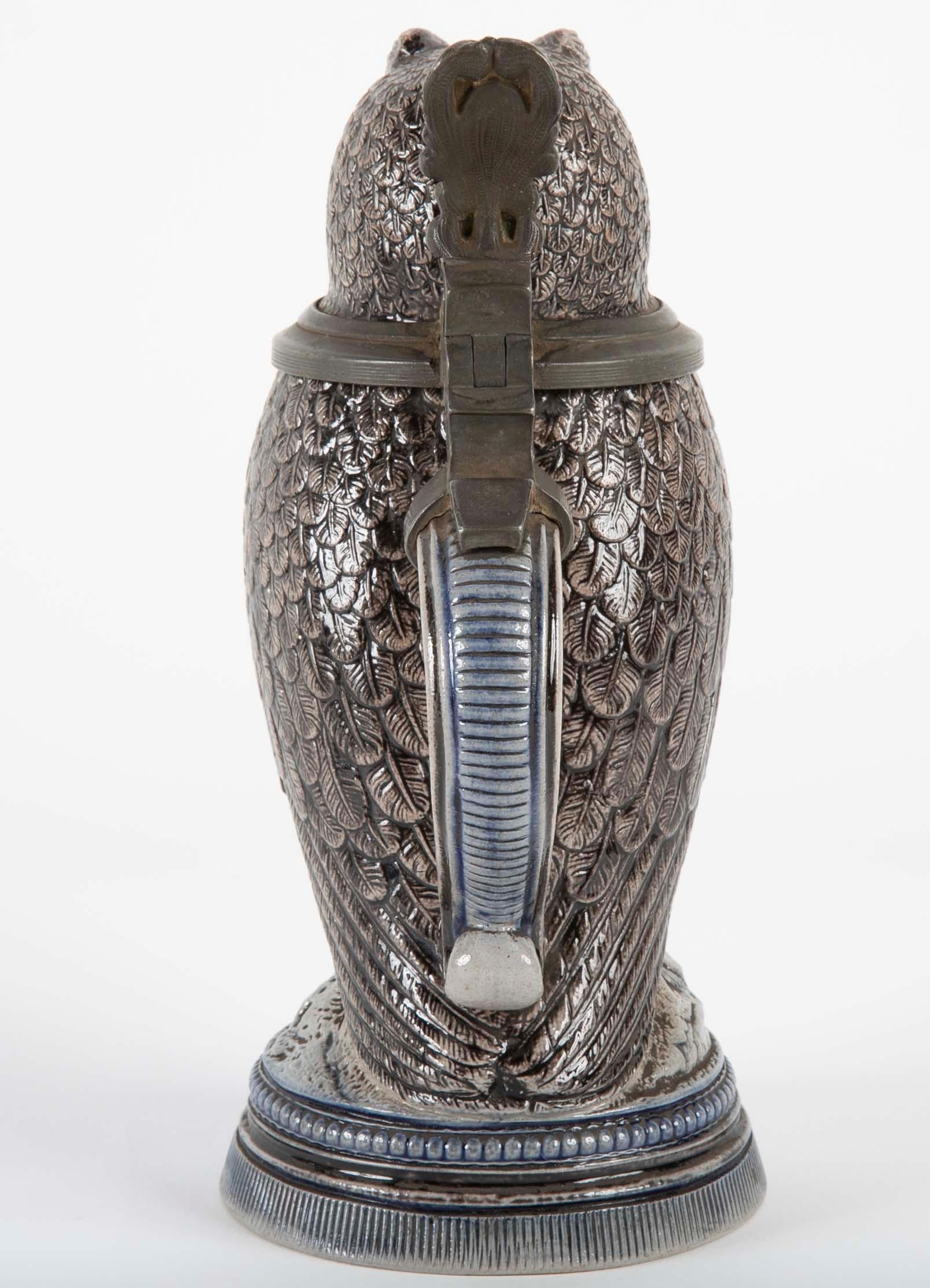 19th Century Glazed Ceramic Owl Form Tankard with Pewter Mounts For Sale