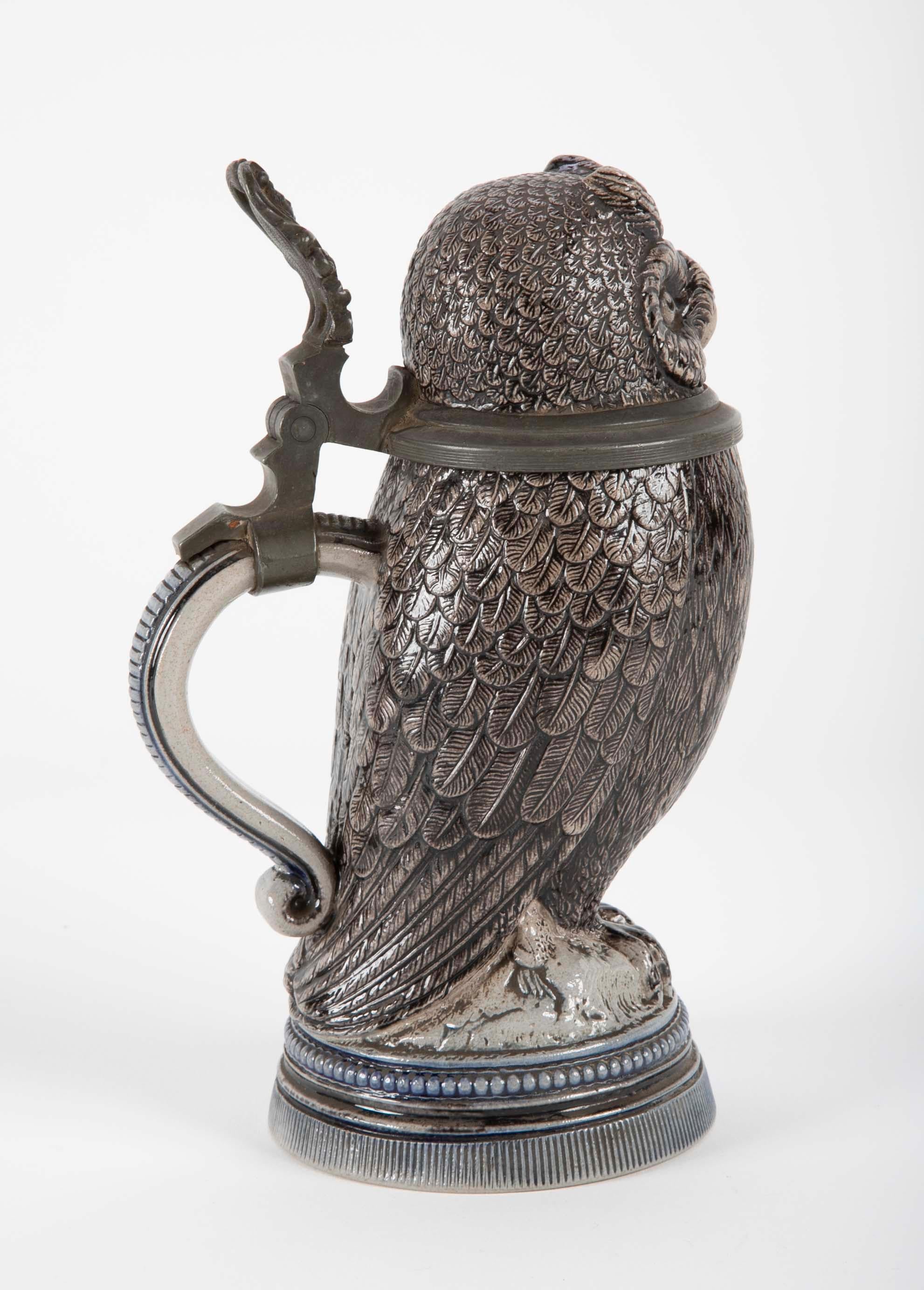 Stoneware Glazed Ceramic Owl Form Tankard with Pewter Mounts For Sale