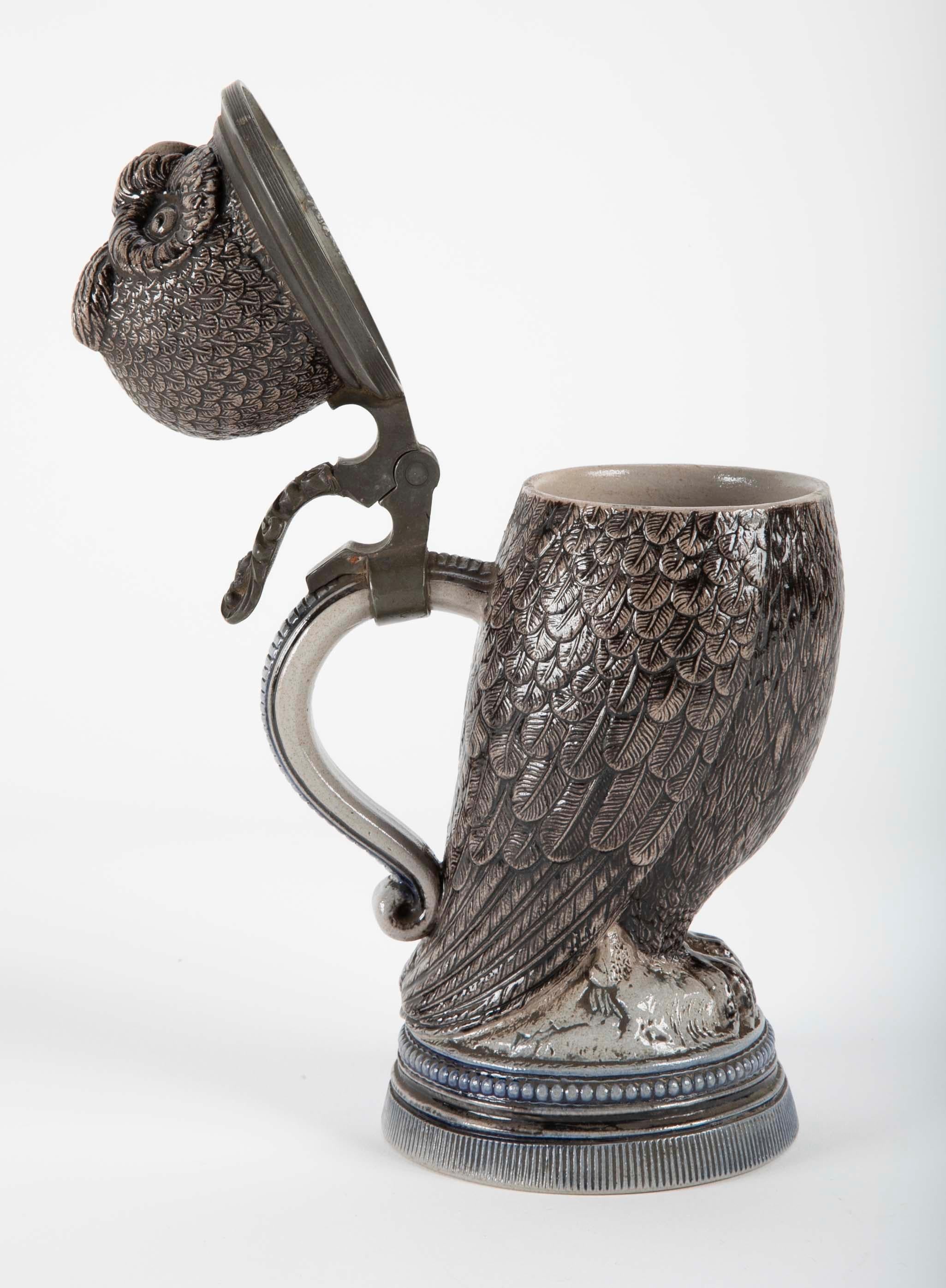 Glazed Ceramic Owl Form Tankard with Pewter Mounts For Sale 1