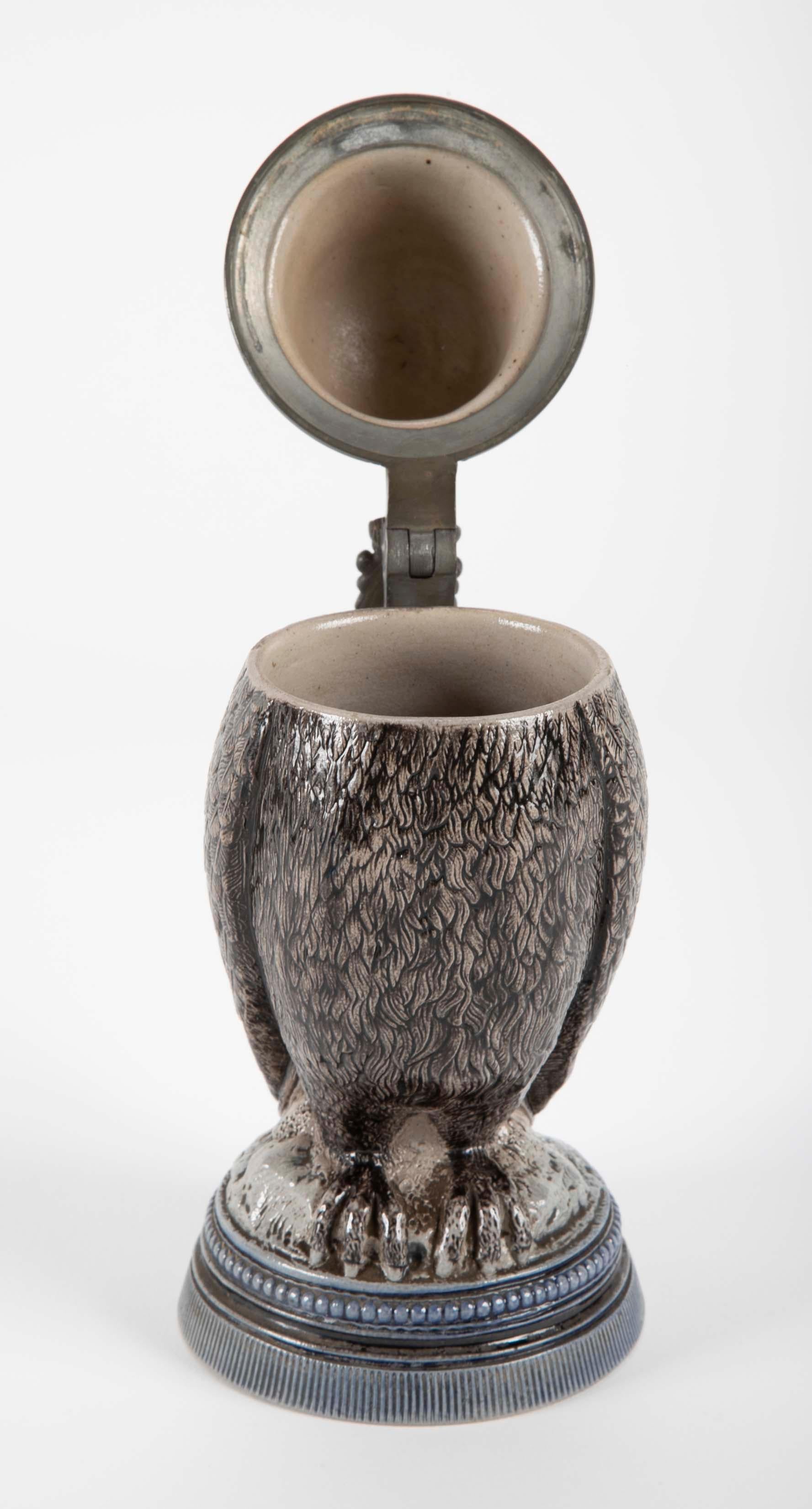 Glazed Ceramic Owl Form Tankard with Pewter Mounts For Sale 2