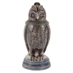 Glazed Ceramic Owl Form Tankard with Pewter Mounts