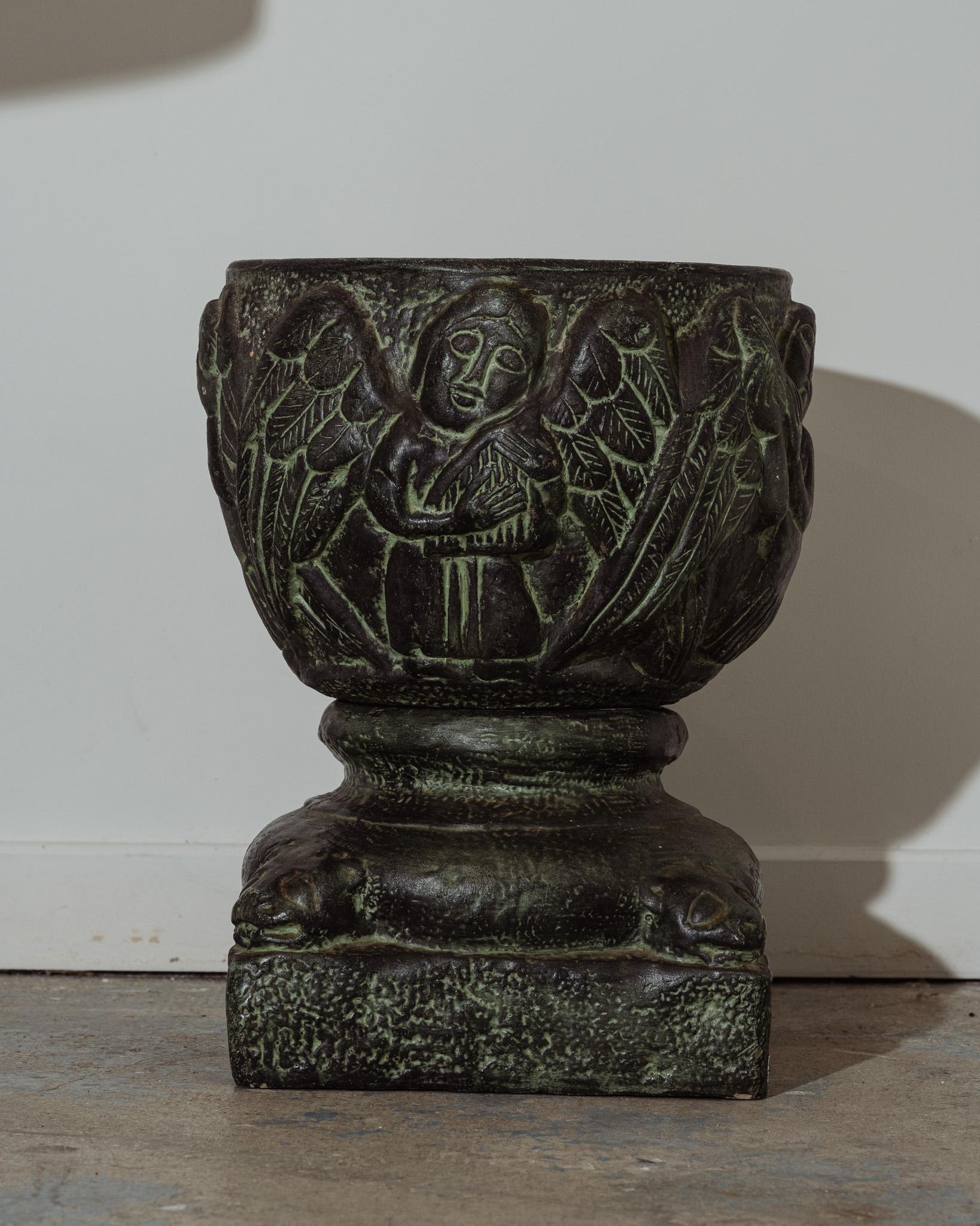 Spanish Glazed ceramic planter and stand, 1970s For Sale