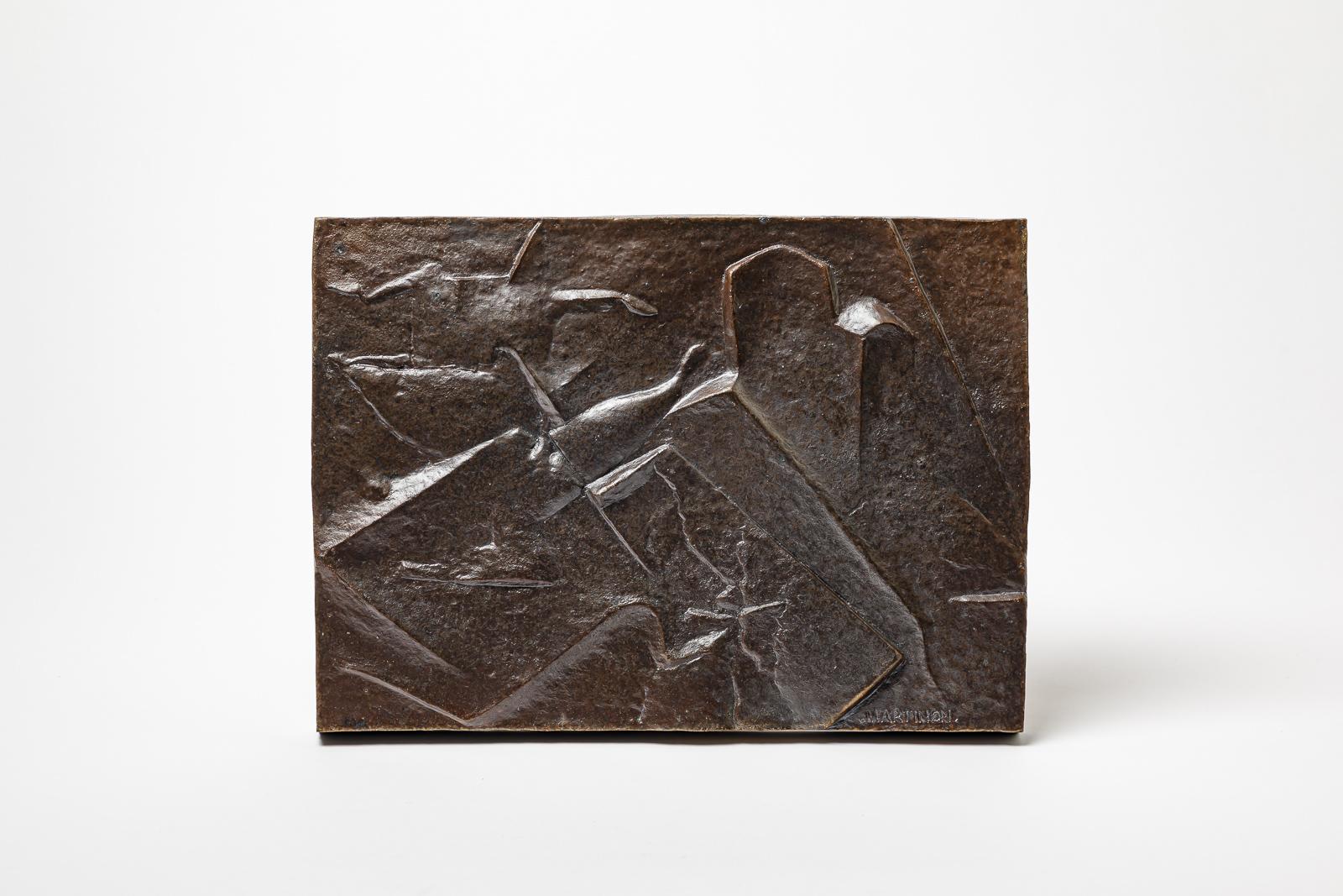 Glazed ceramic plate by Pierre Martinon. 
Artist signature at the base. 1995.
H : 1.2 x 9.8 x 13.6 inches.
