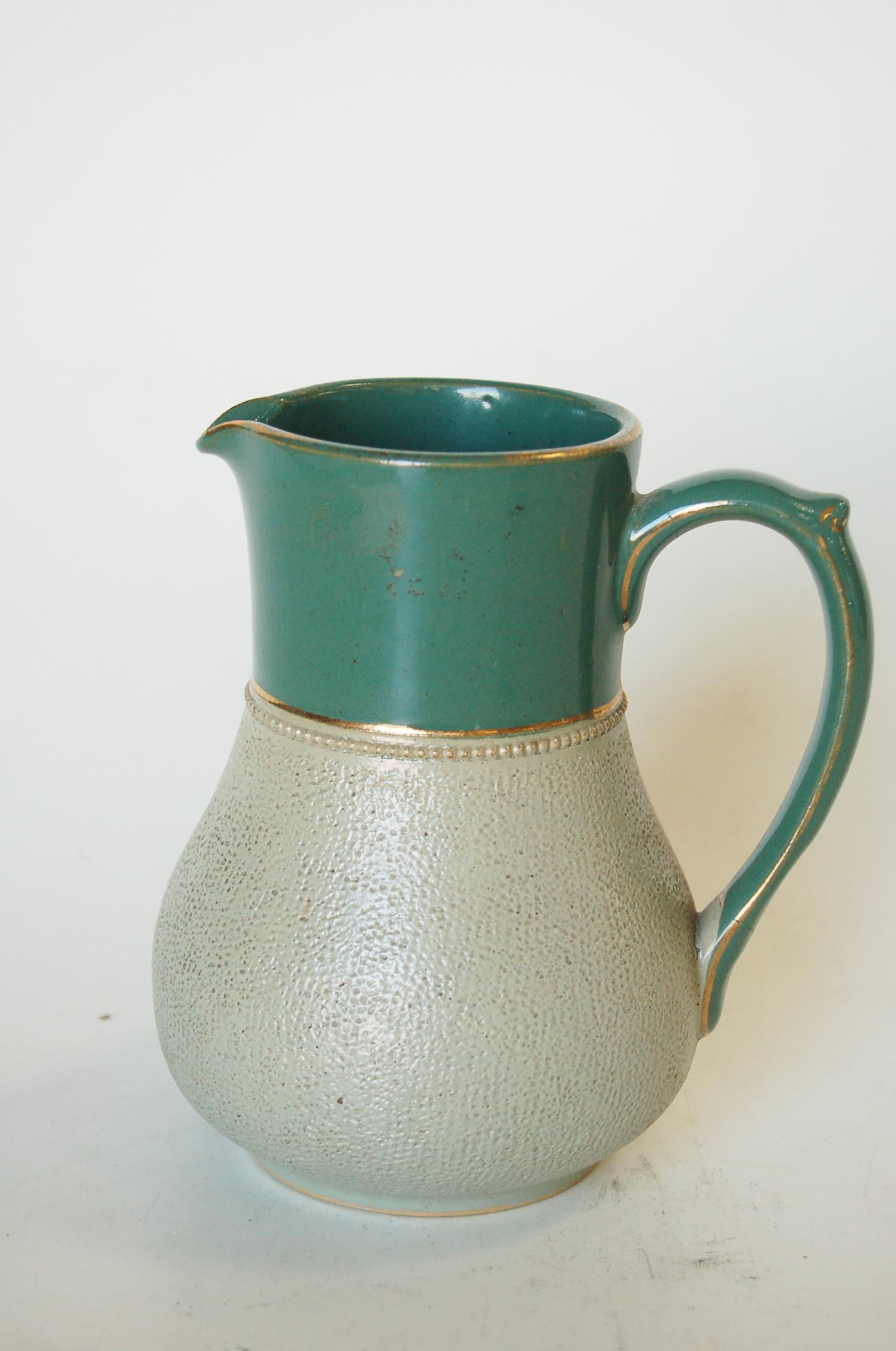 1930s ceramic aqua green and gold push button pewter lidded pitcher Lovatts Langley ware England leadless glaze.

Measures: 6