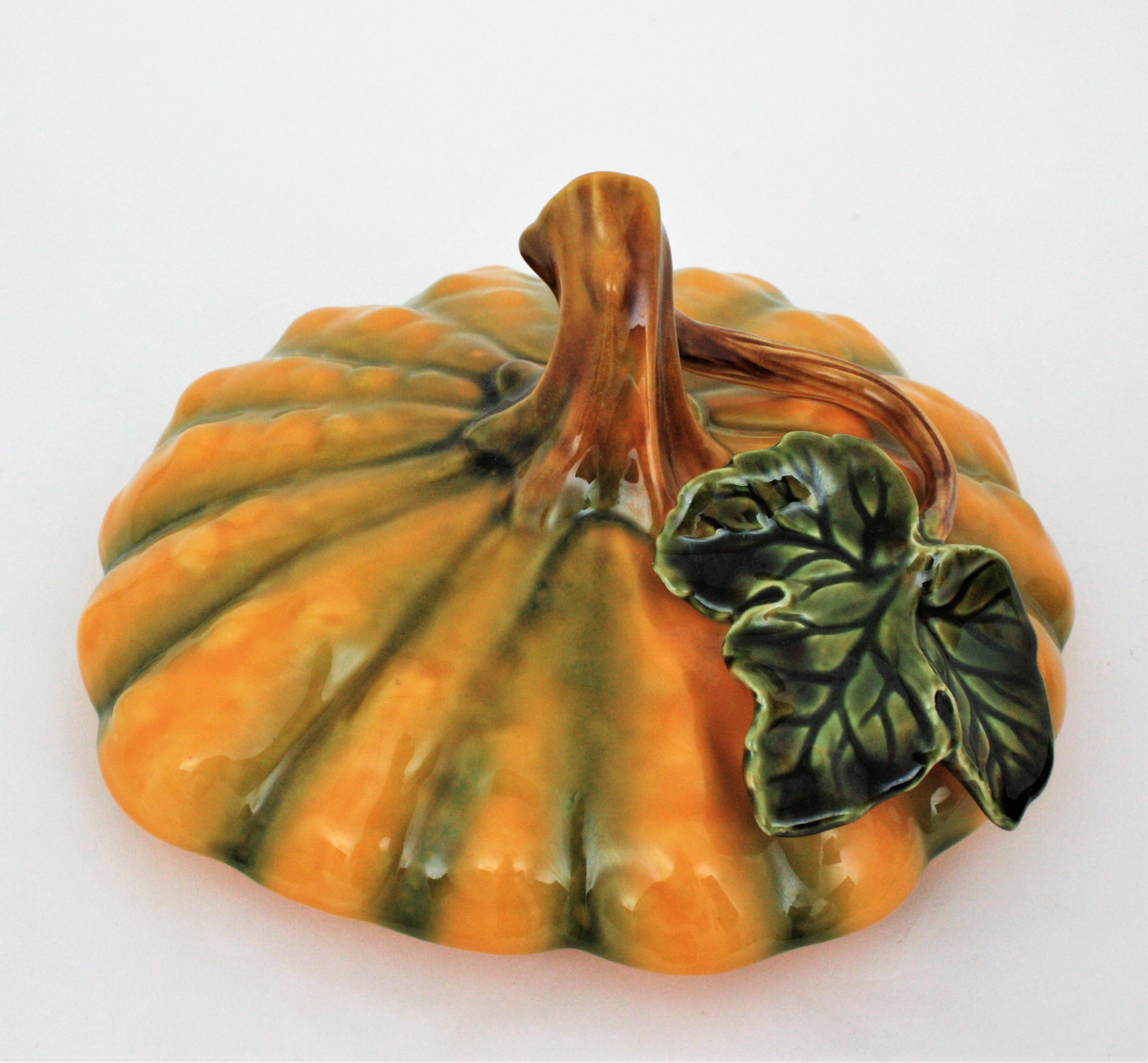 Majolica Glazed Ceramic Pumpkin Tureen Centerpiece, 1960s