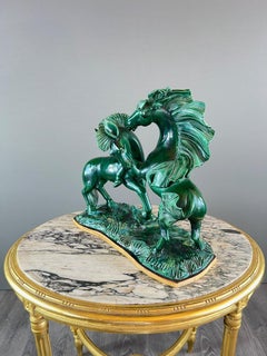 Glazed Ceramic Sculpture, Two Horses, Signed R. Prunet, 20th Century