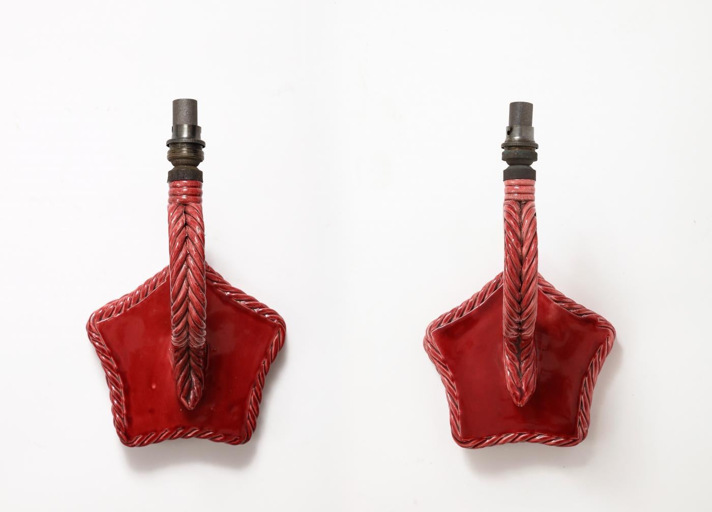 Red-Pink French Glazed Ceramic Star Shaped Wall Sconce, c. 1960 For Sale 5