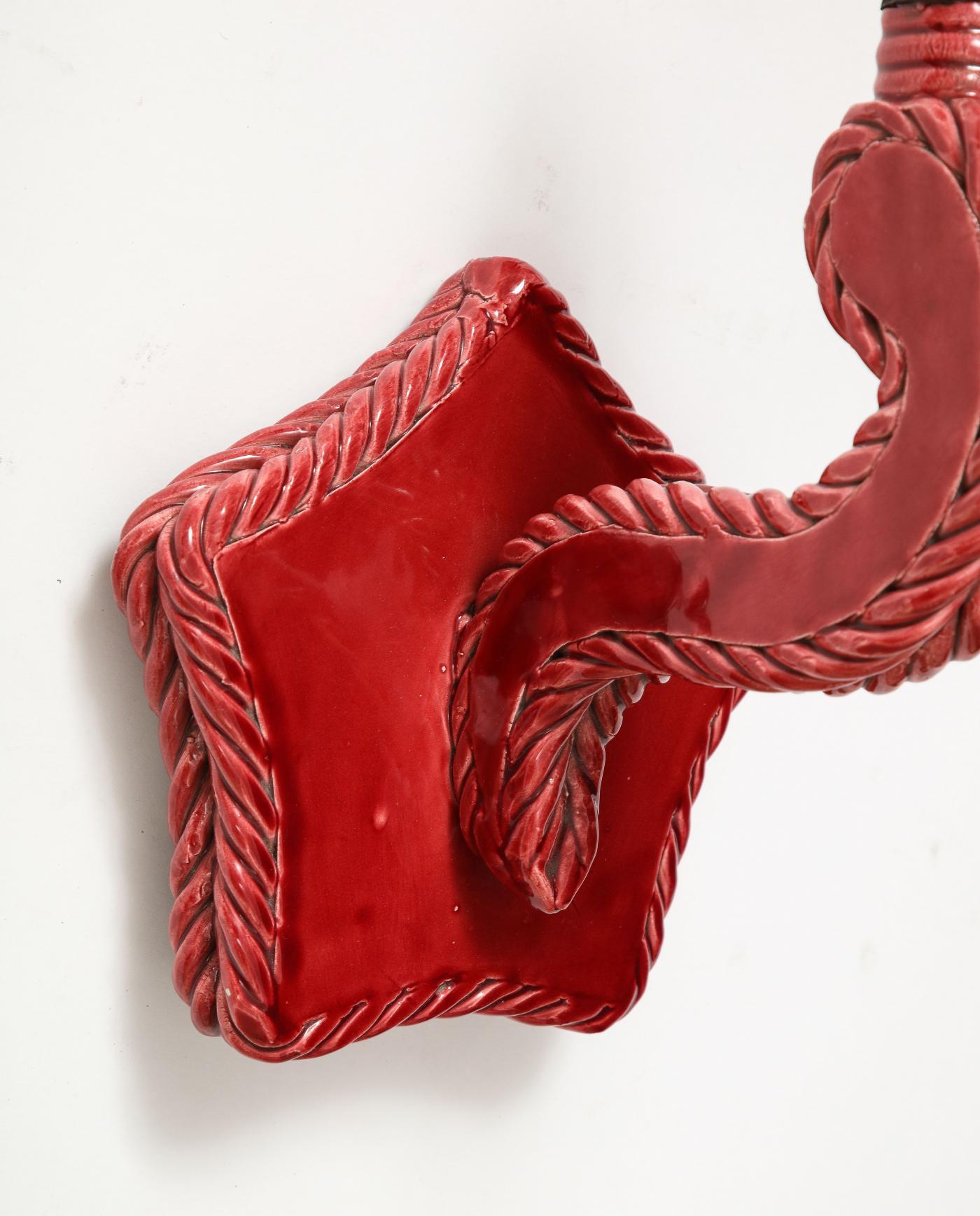 Red-Pink French Glazed Ceramic Star Shaped Wall Sconce, c. 1960 For Sale 4