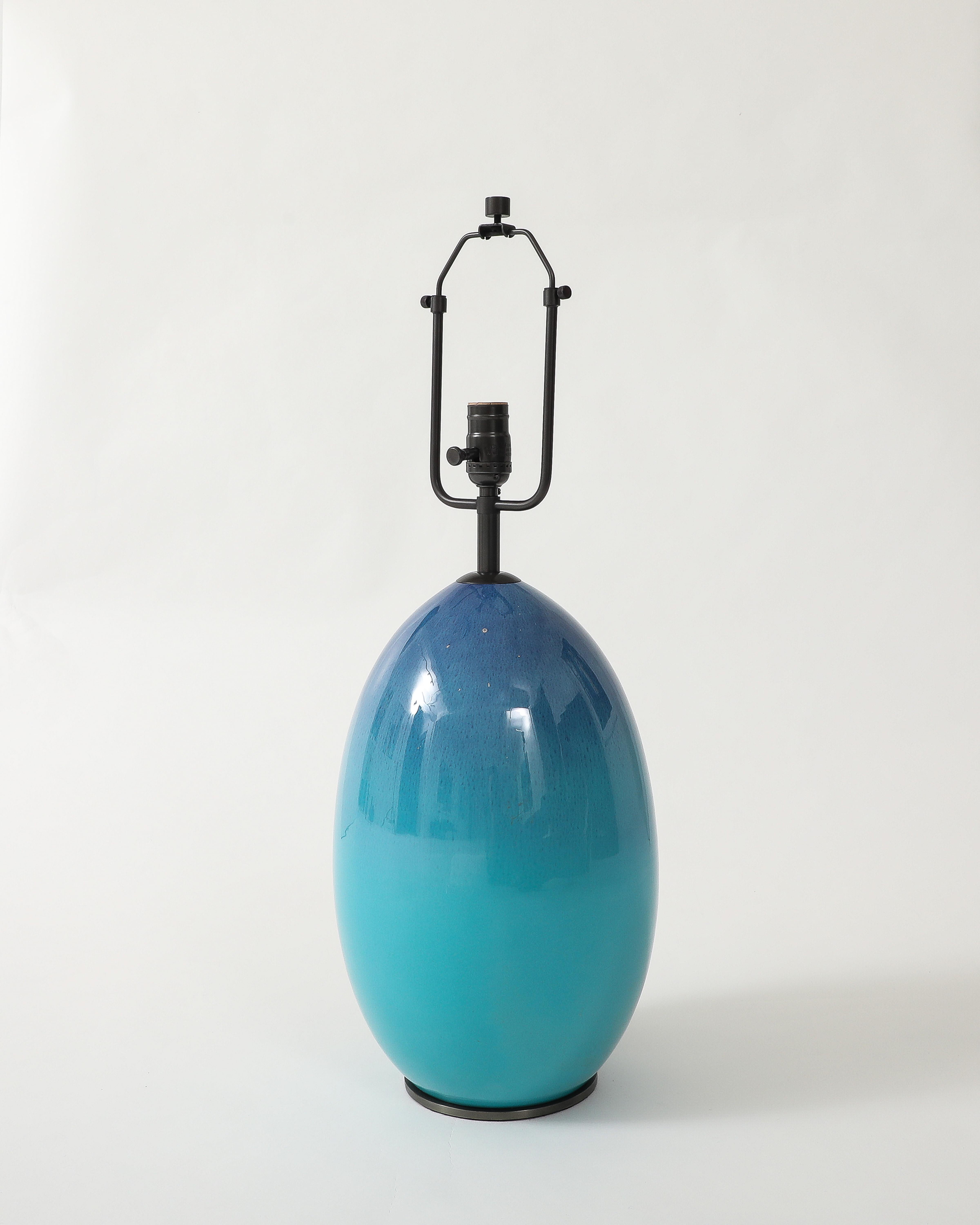 Stunning glazed ceramic egg-shaped lamp with a sea green to deep blue gradient glaze. Created by the celebrated ceramicist Gabriel Musarra, in Vallauris.