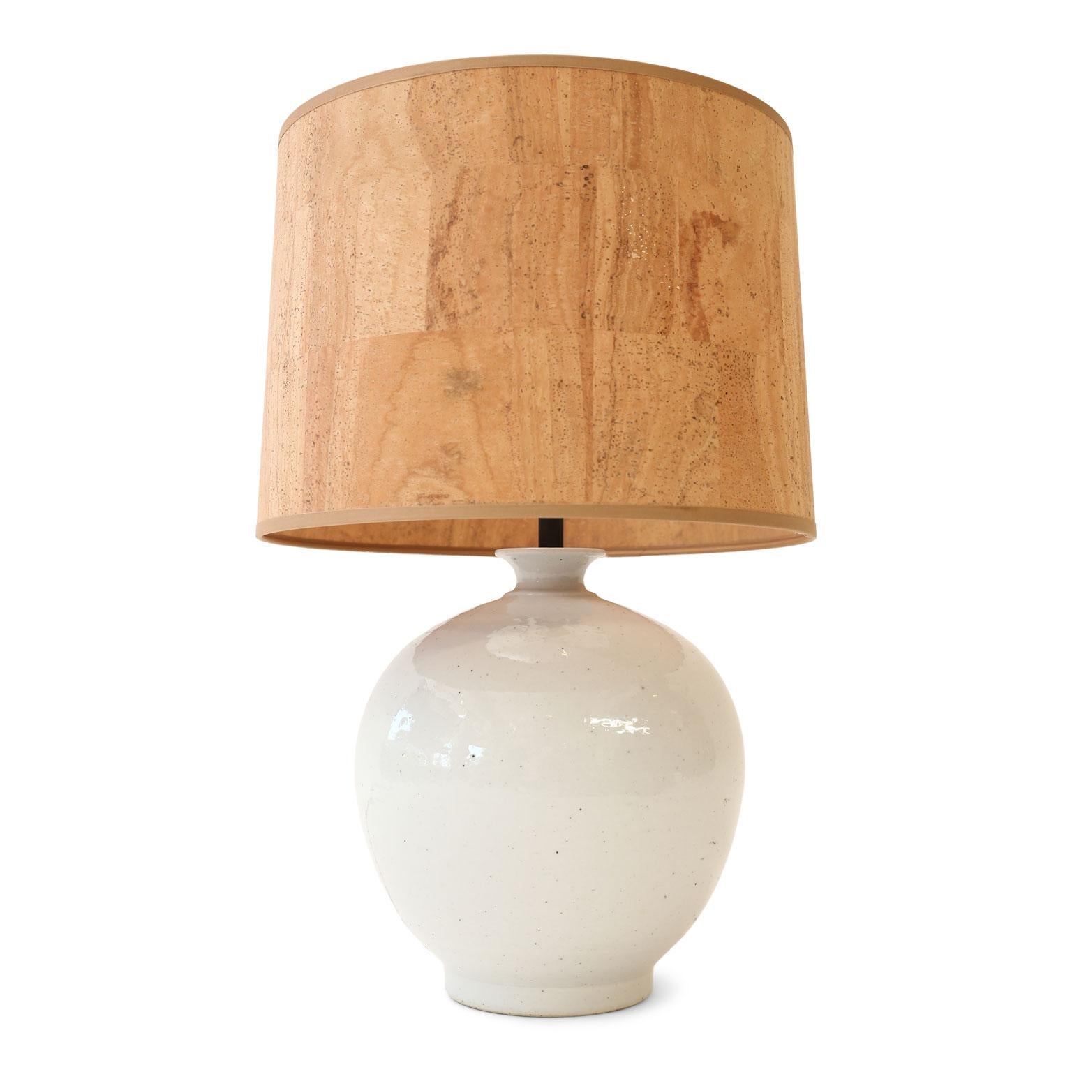 Glazed white ceramic table lamp from vintage Chinese vase. Newly wired for use within the USA using all UL listed parts. Includes cork shade (listed measurements include shade).
