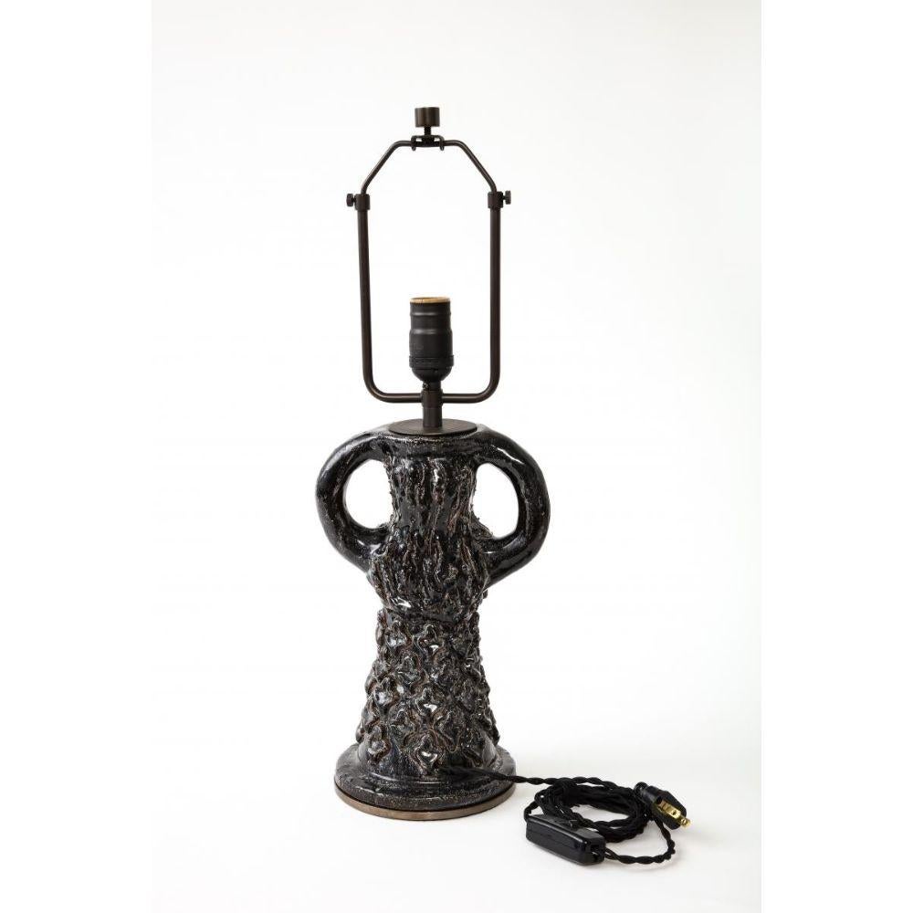 French Black Ceramic Table Lamp in the Shape of a Woman by Paul Pouchol, IMO Jouve For Sale