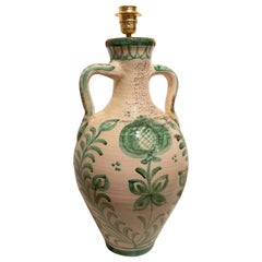 Glazed Ceramic Table Lamp with Green Floral Decoration.