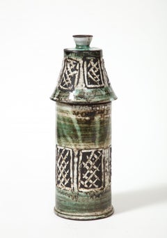 Zweiteiliges glasiertes Keramikgefäß/Kerzenhalter aus Keramik von Albert Thiry, Frankreich