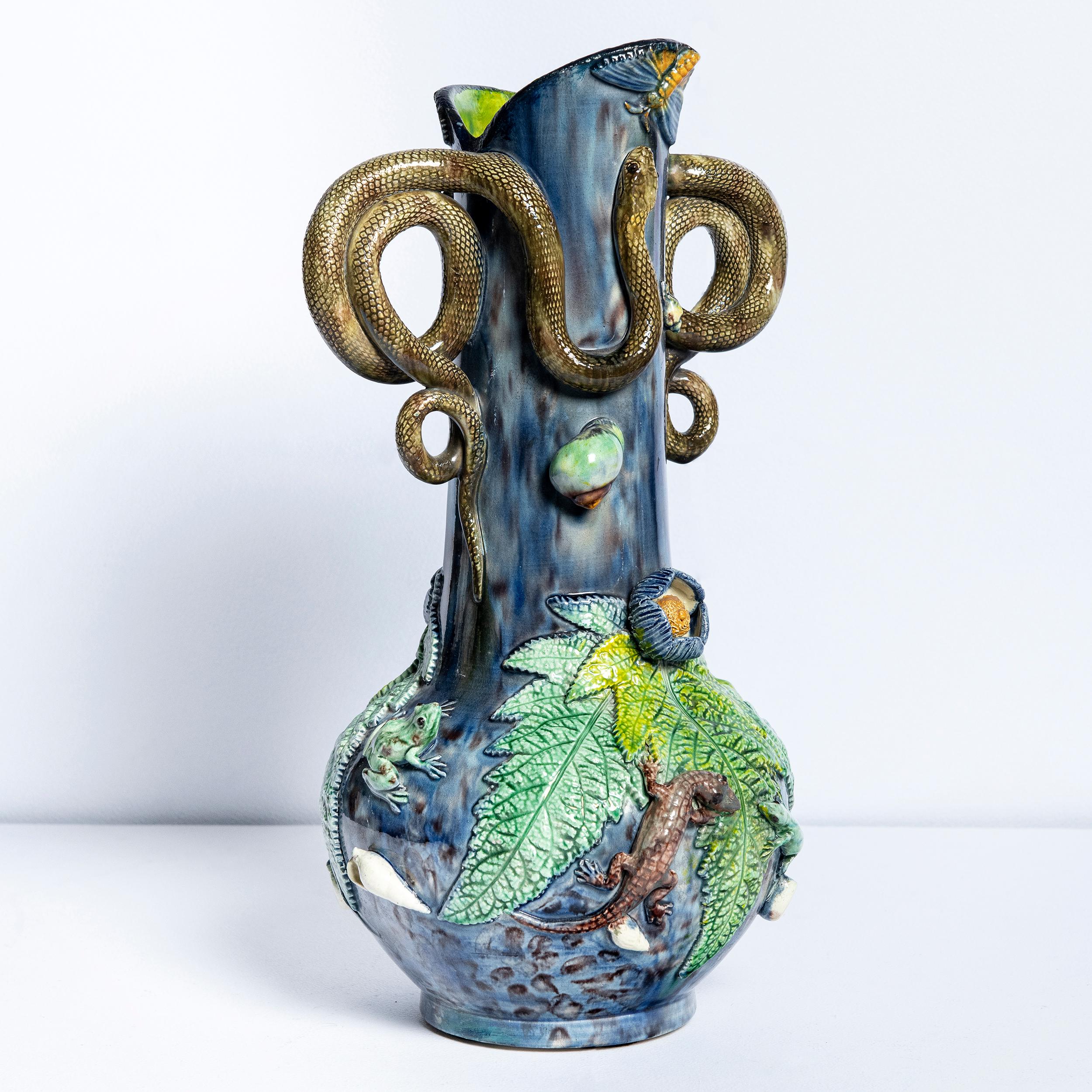 Art Nouveau Glazed Ceramic Vase by Manuel Mafra, Portugal, Late 19th Century