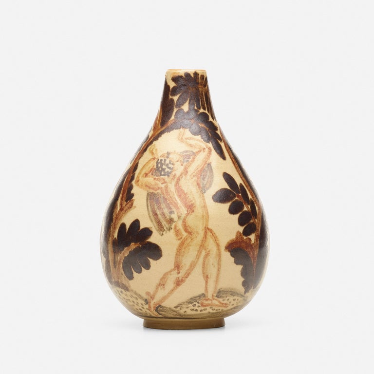 Glazed ceramic vase by René Buthaud depicting nude dancers Glazed signature to underside ‘RB’. France: circa 1935 literature: Céramiques de René Buthaud, Buthaud and Du Pasquier, pg. 130 Provenance: Collection of Seymour Stein.