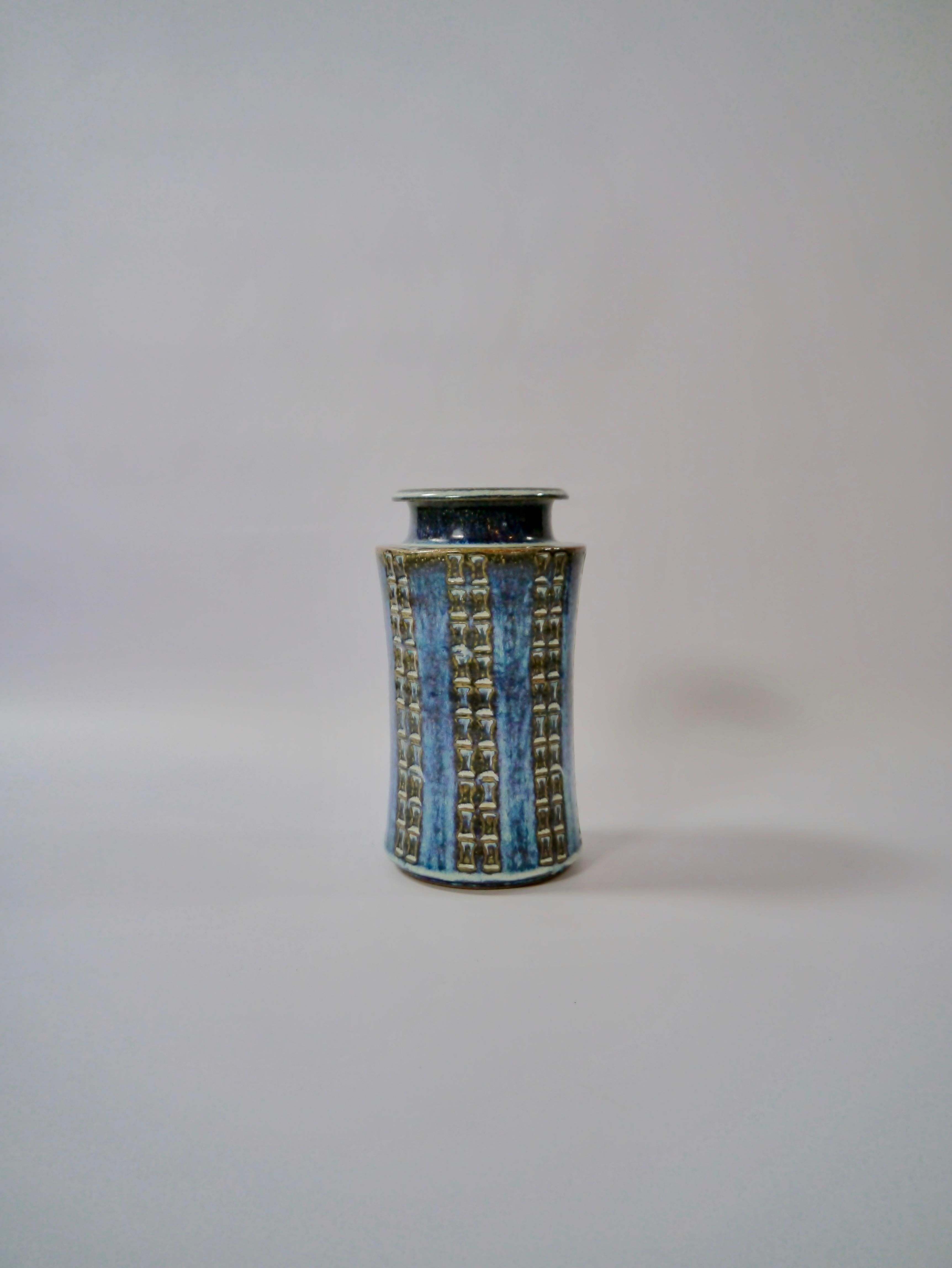 Geometrically patterned and blue/black-colored glazed ceramic vase fabricated by Søholm Stentøj, Denmark, 1960s.