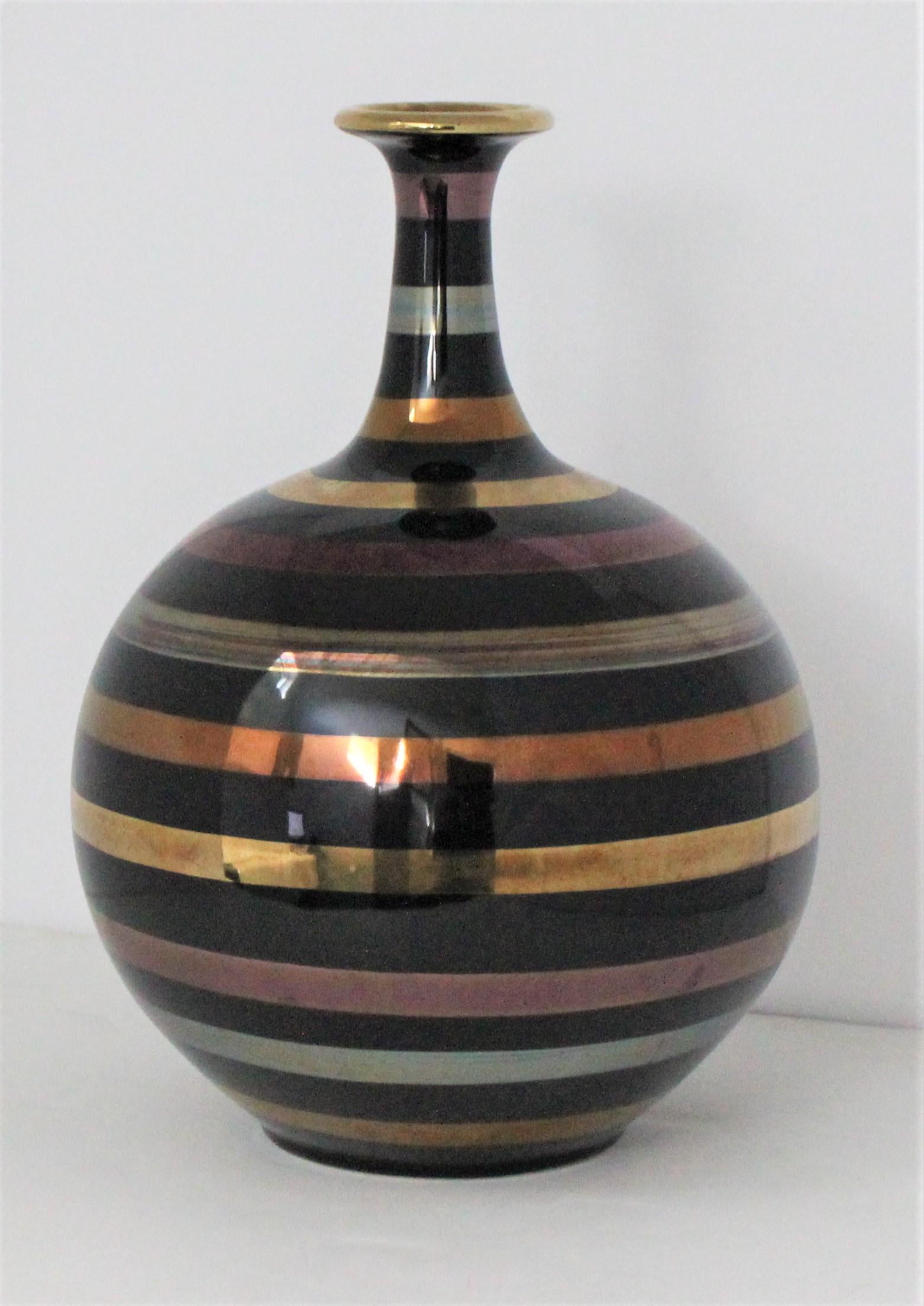 Modern Glazed Ceramic Vase with Bands of 24k Gold, Silver and Copper For Sale