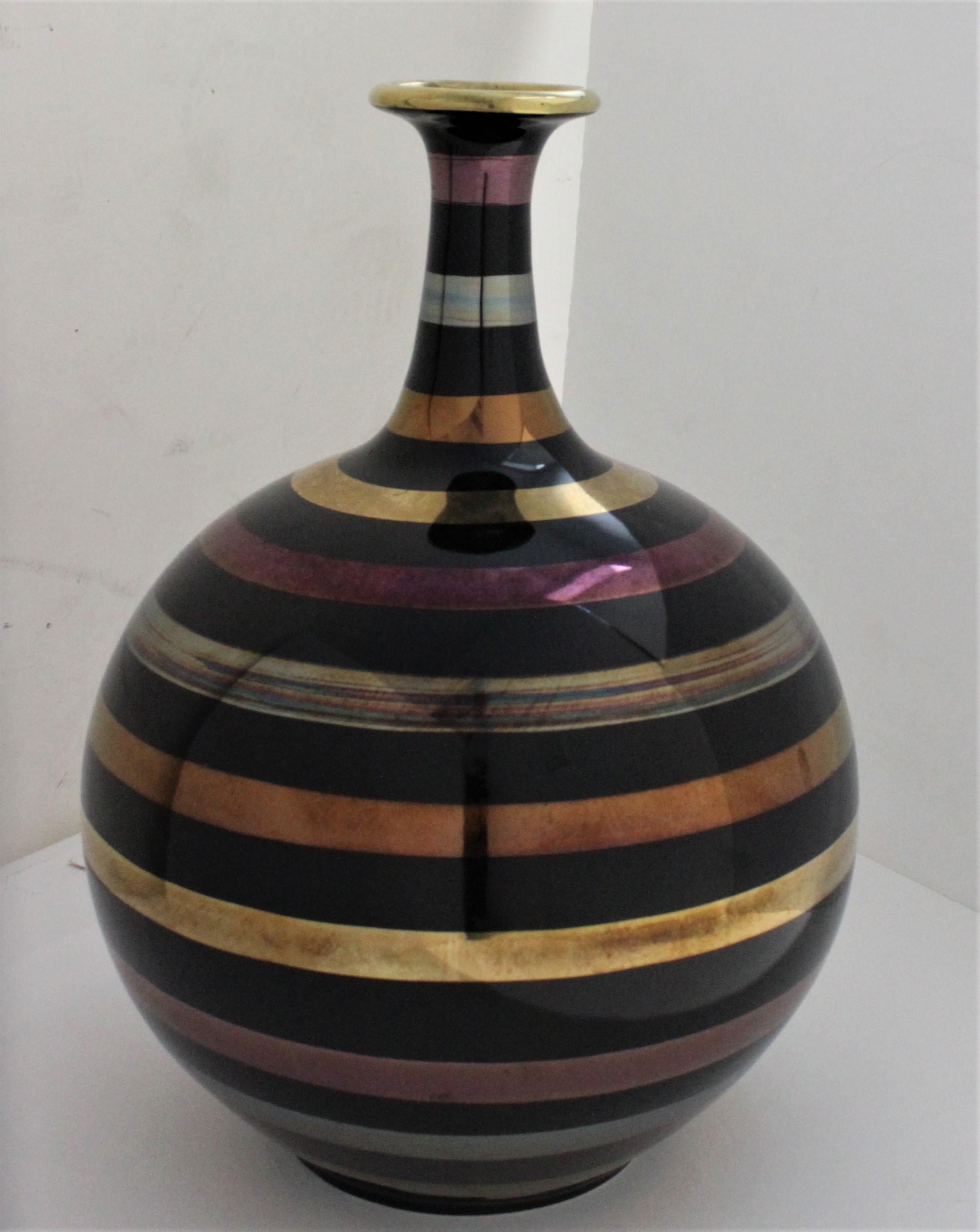 Glazed Ceramic Vase with Bands of 24k Gold, Silver and Copper In Good Condition For Sale In West Palm Beach, FL
