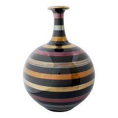 Vintage Glazed Ceramic Vase with Bands of 24k Gold, Silver and Copper