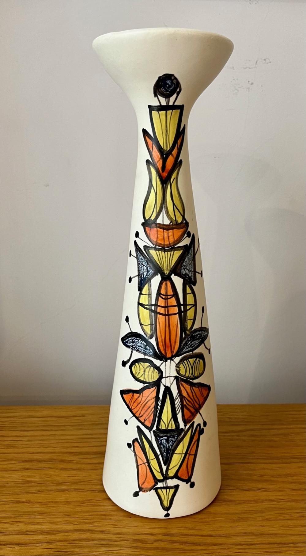 Ceramic vase ( or bottle ) by Roger Capron.`
Conical shape with wide collar 
White glazed ceramic with polychrome decoration
signed 