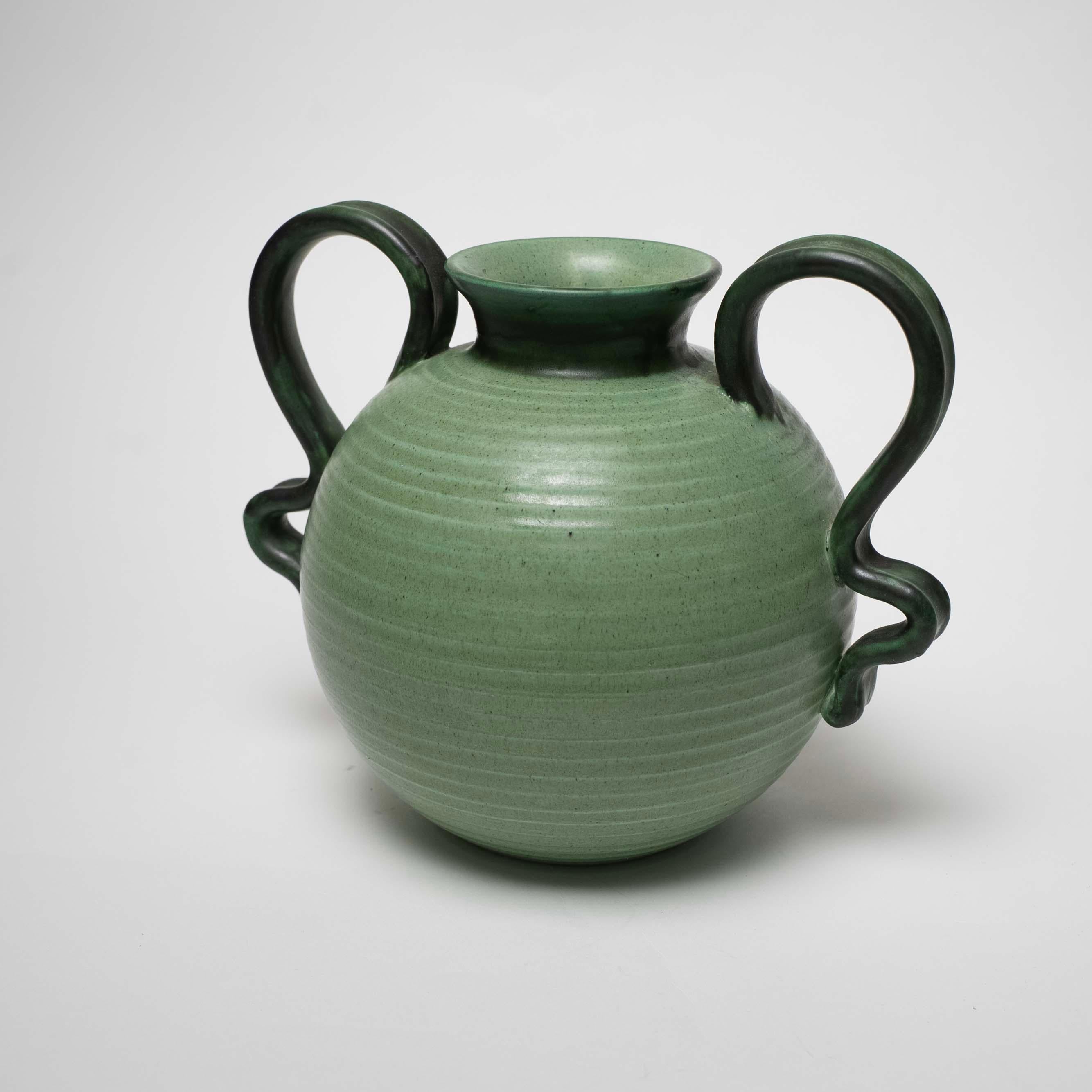 Scandinavian Modern Glazed Ceramic Vase with Two Handles by Eva Jancke Björk, Upsala Ekeby, Sweden For Sale