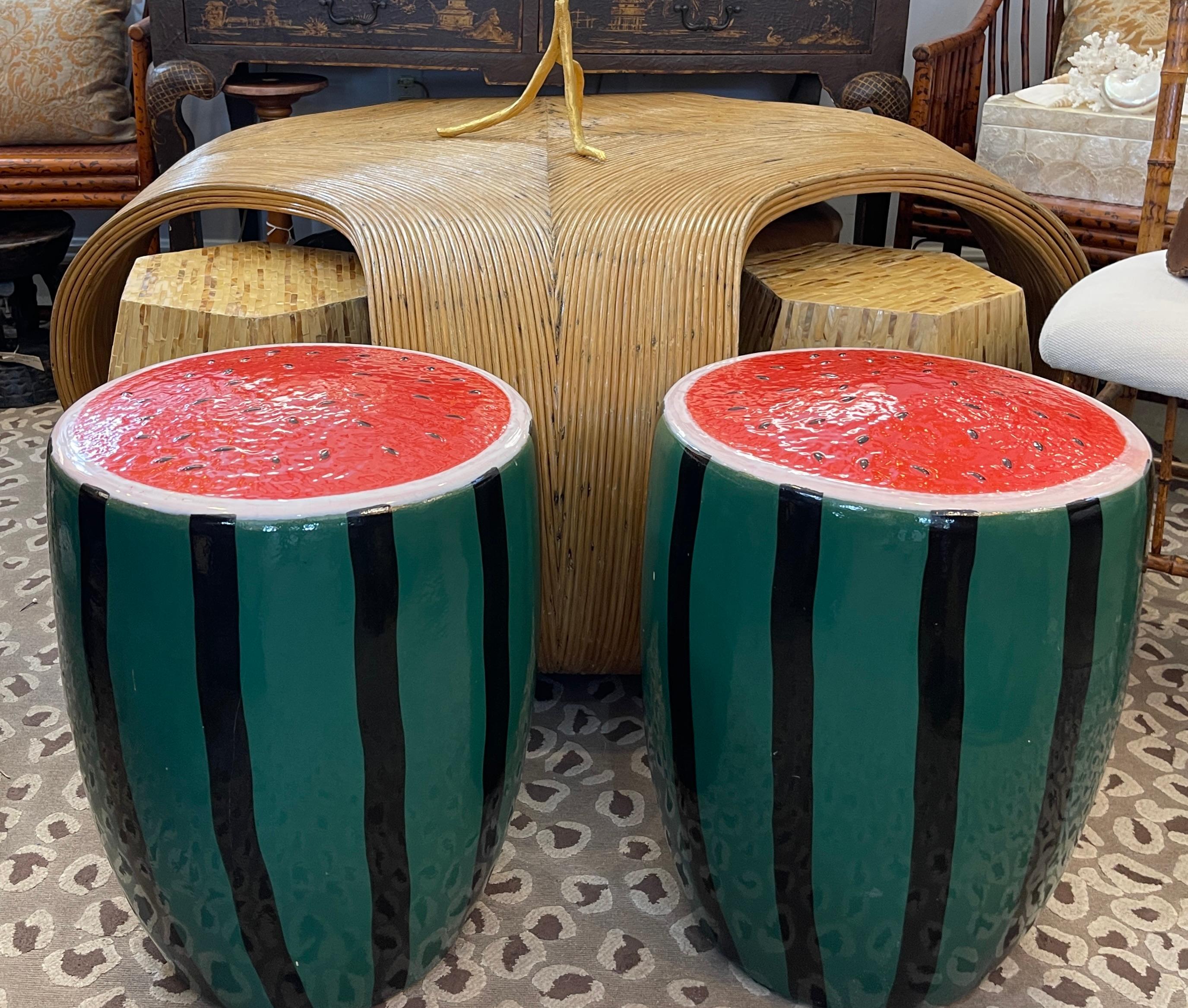 Glazed Ceramic Watermelon Garden Stools - A Pair For Sale 4