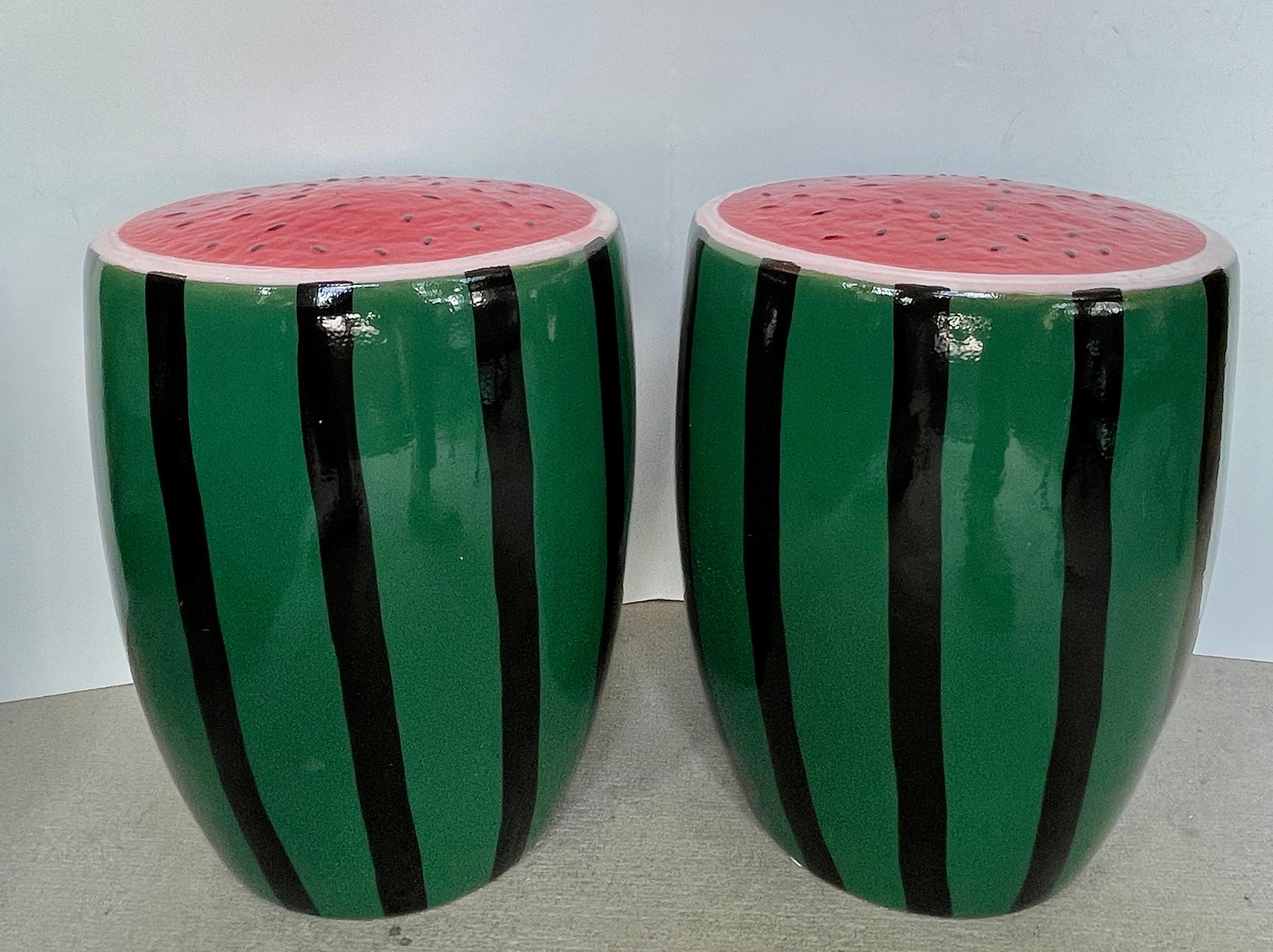 Just arrived in time for your summer mood, this charming and colorful pair of watermelon ceramic garden stools.
Very good to excellent  vintage condition, consistent with age and use, very minor scratches, no chips or repairs