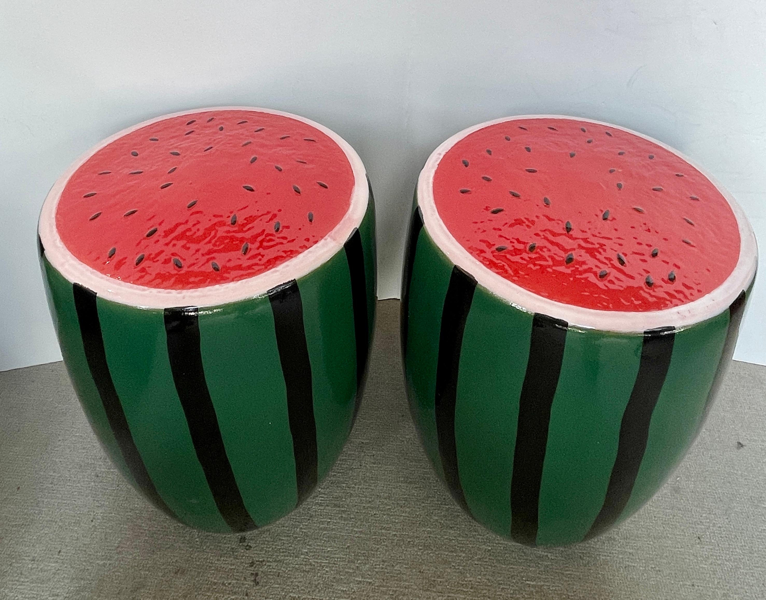 Mid-Century Modern Glazed Ceramic Watermelon Garden Stools - A Pair For Sale