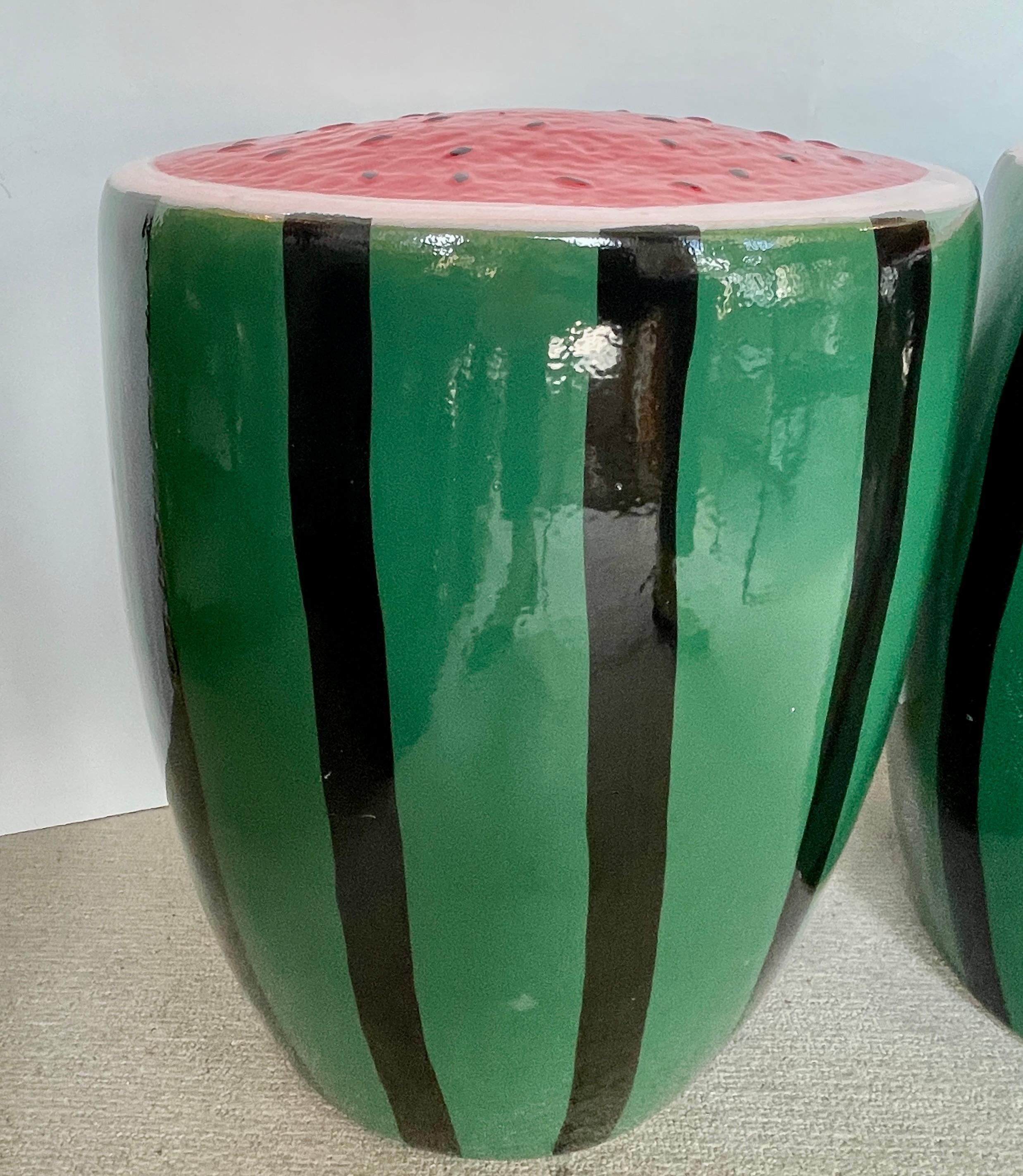 Unknown Glazed Ceramic Watermelon Garden Stools - A Pair For Sale
