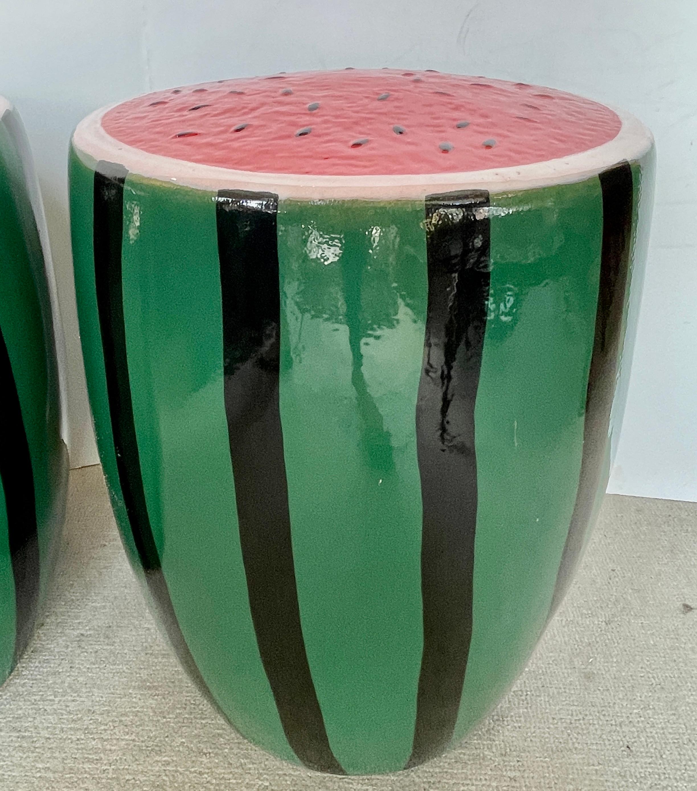 Hand-Painted Glazed Ceramic Watermelon Garden Stools - A Pair For Sale