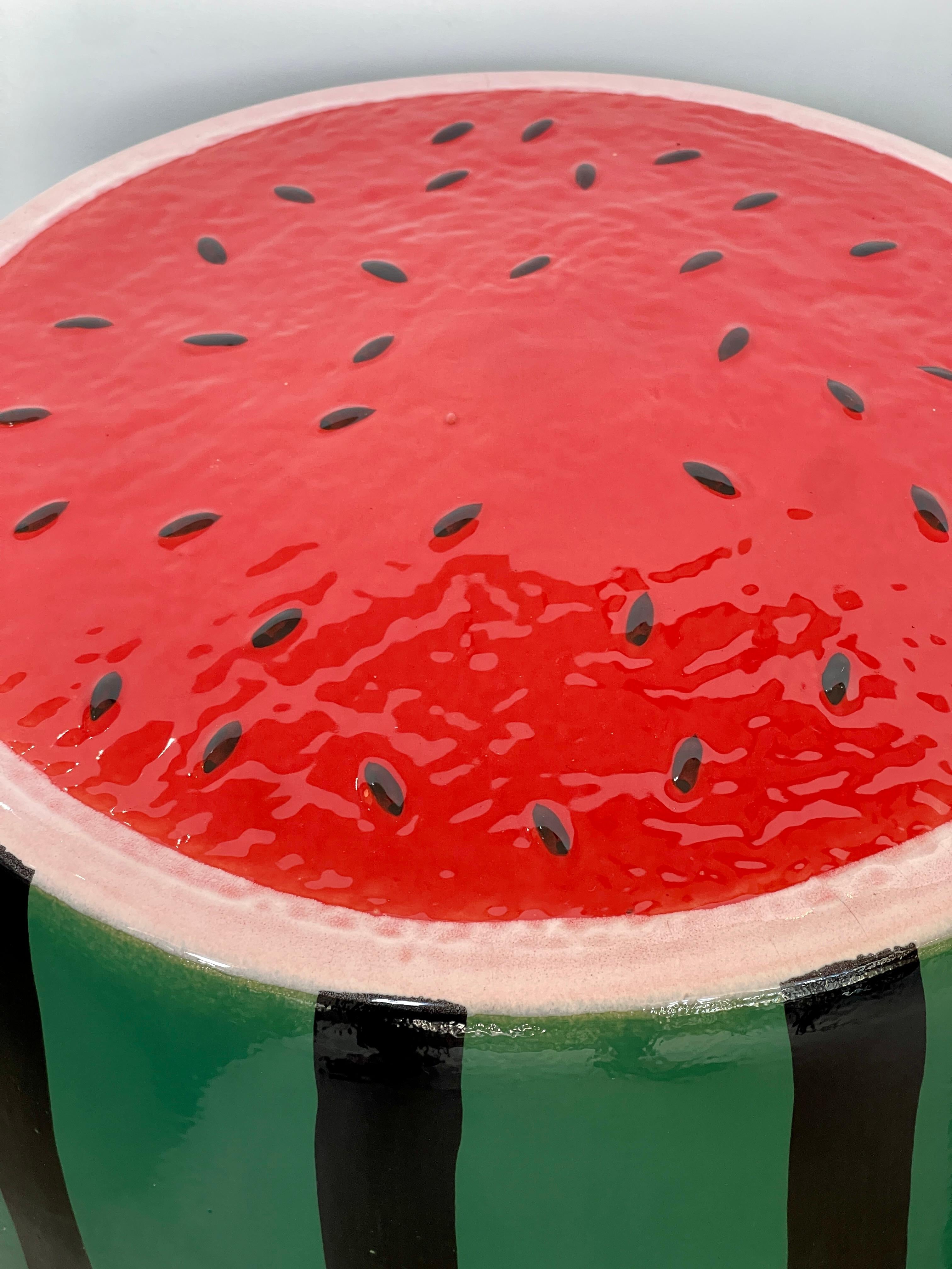 Late 20th Century Glazed Ceramic Watermelon Garden Stools - A Pair For Sale