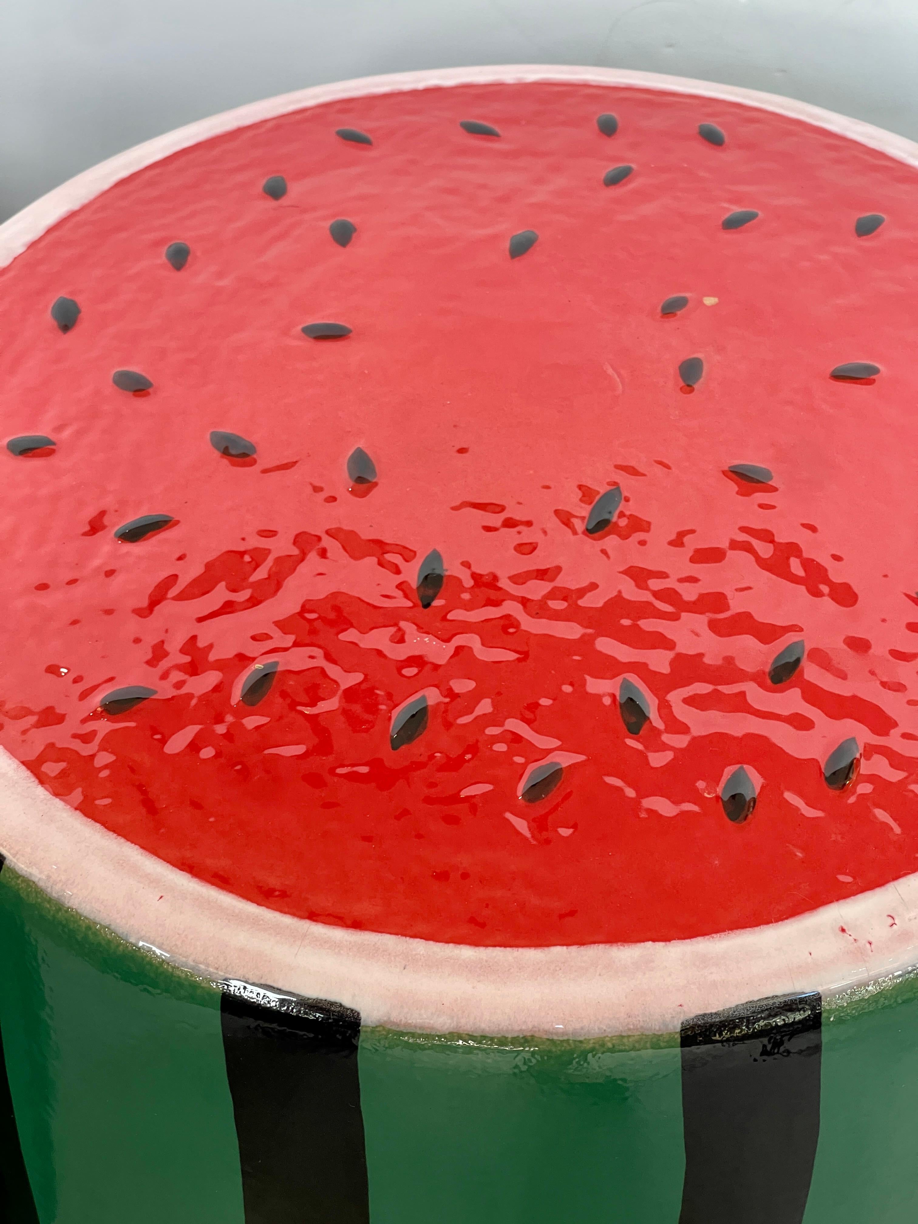 Glazed Ceramic Watermelon Garden Stools - A Pair For Sale 1