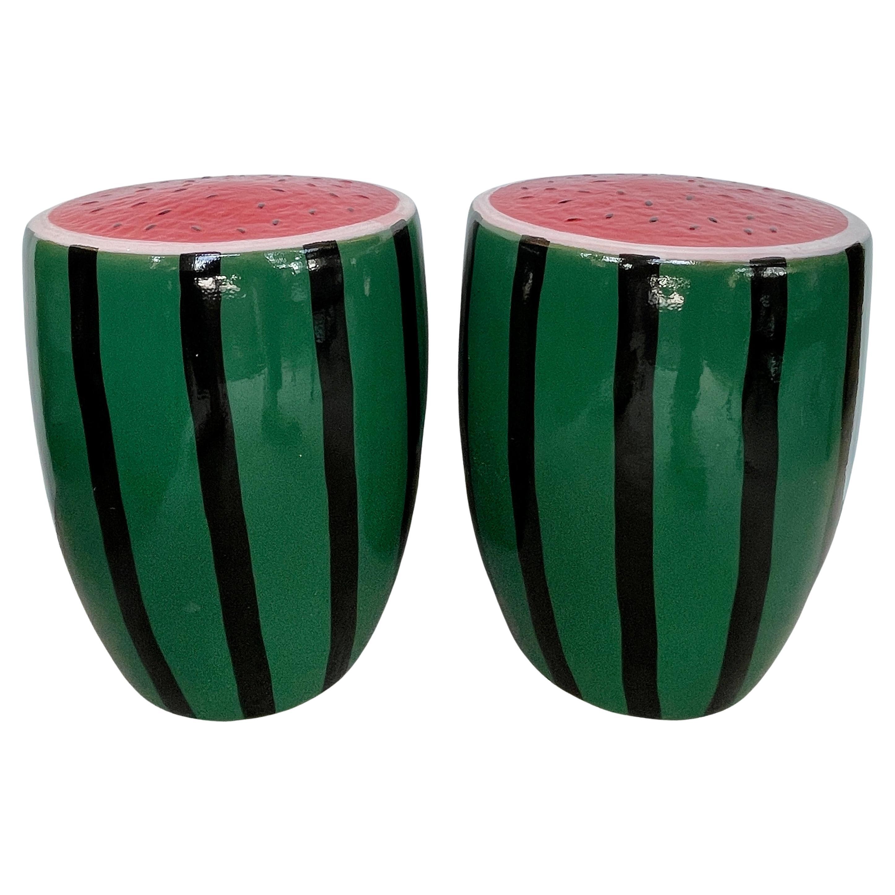 Glazed Ceramic Watermelon Garden Stools - A Pair For Sale