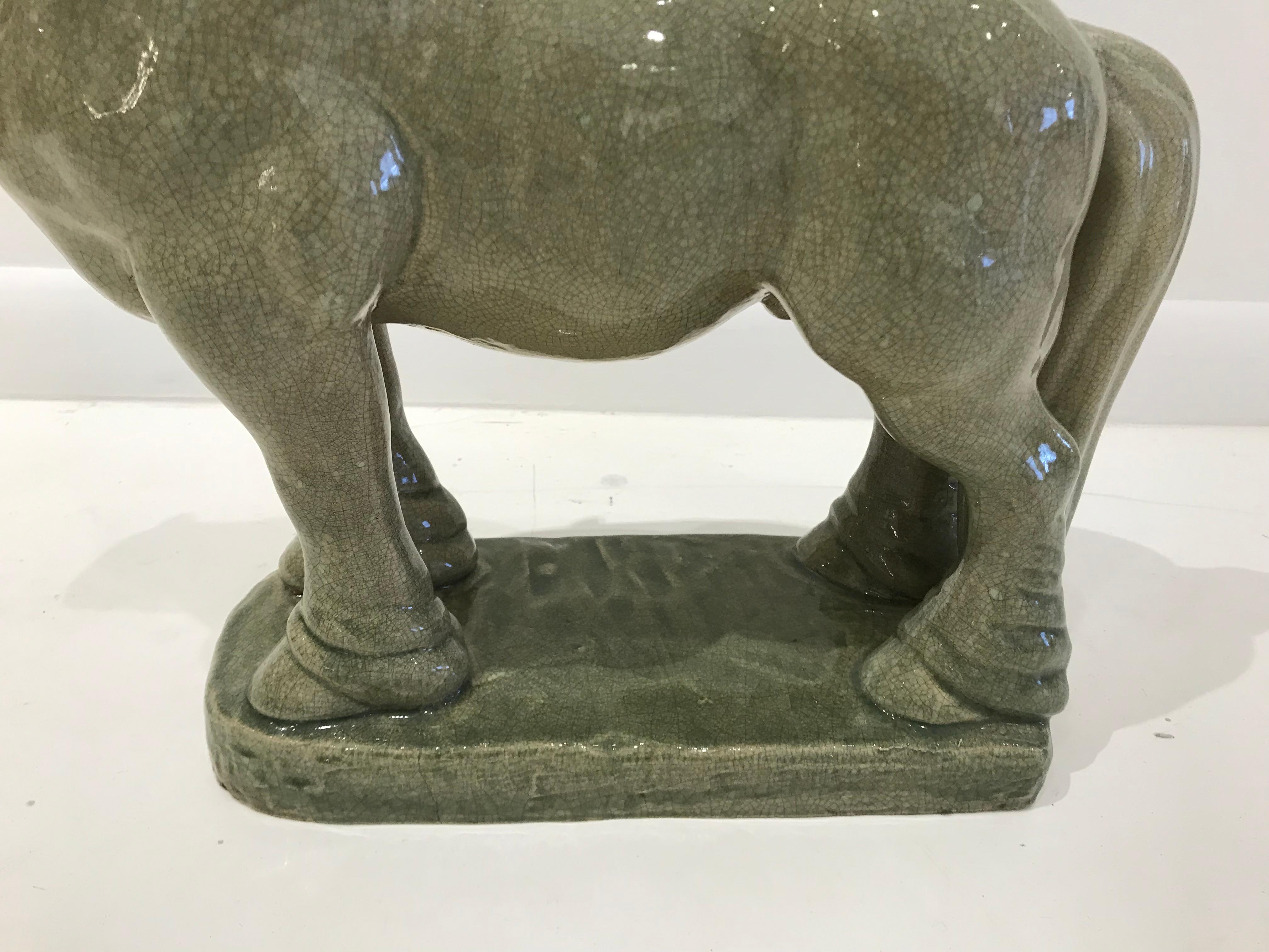 Italian Glazed Crackled Ceramic Celadon Horse Sculpture For Sale