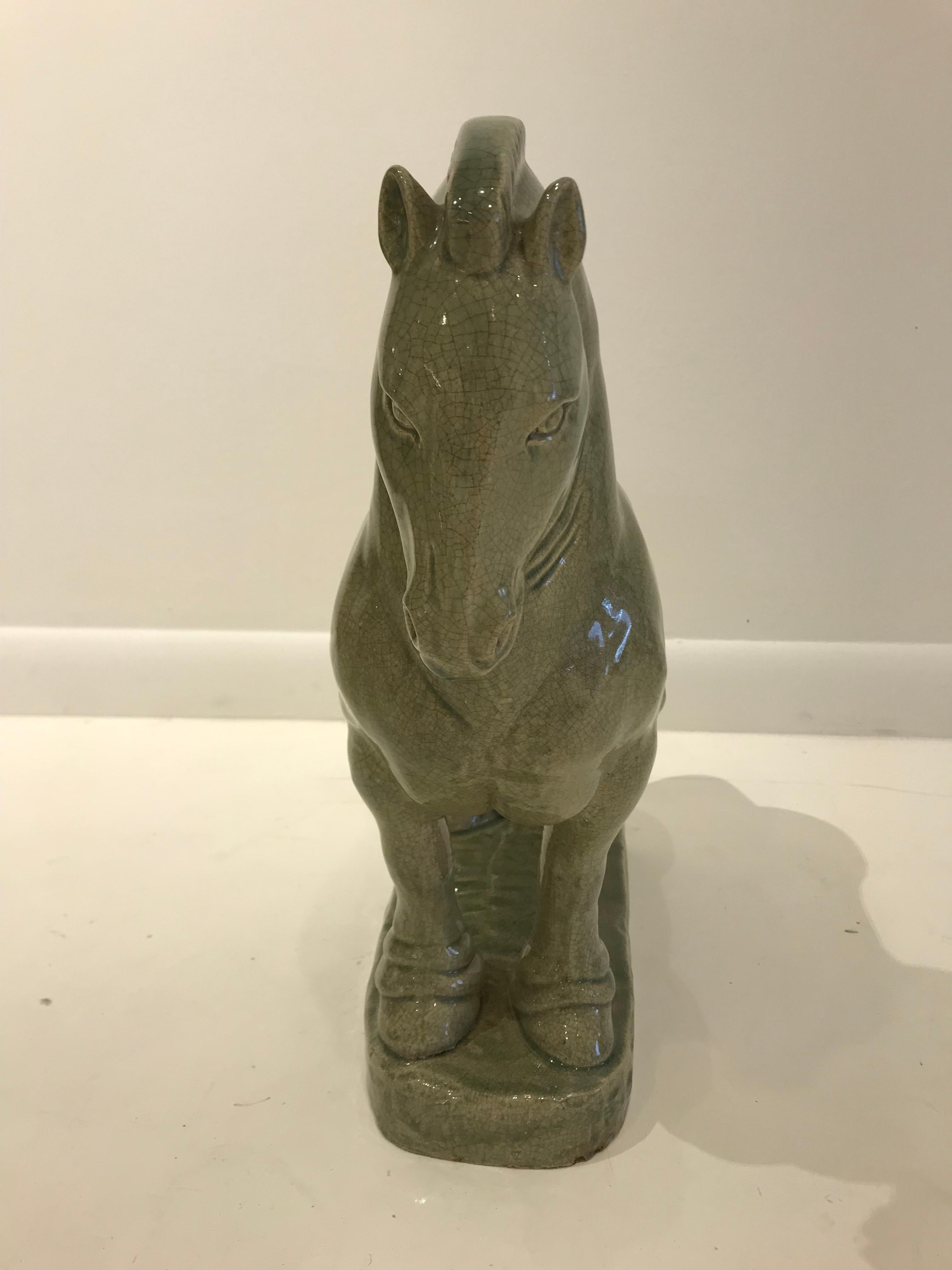 Glazed Crackled Ceramic Celadon Horse Sculpture For Sale 1