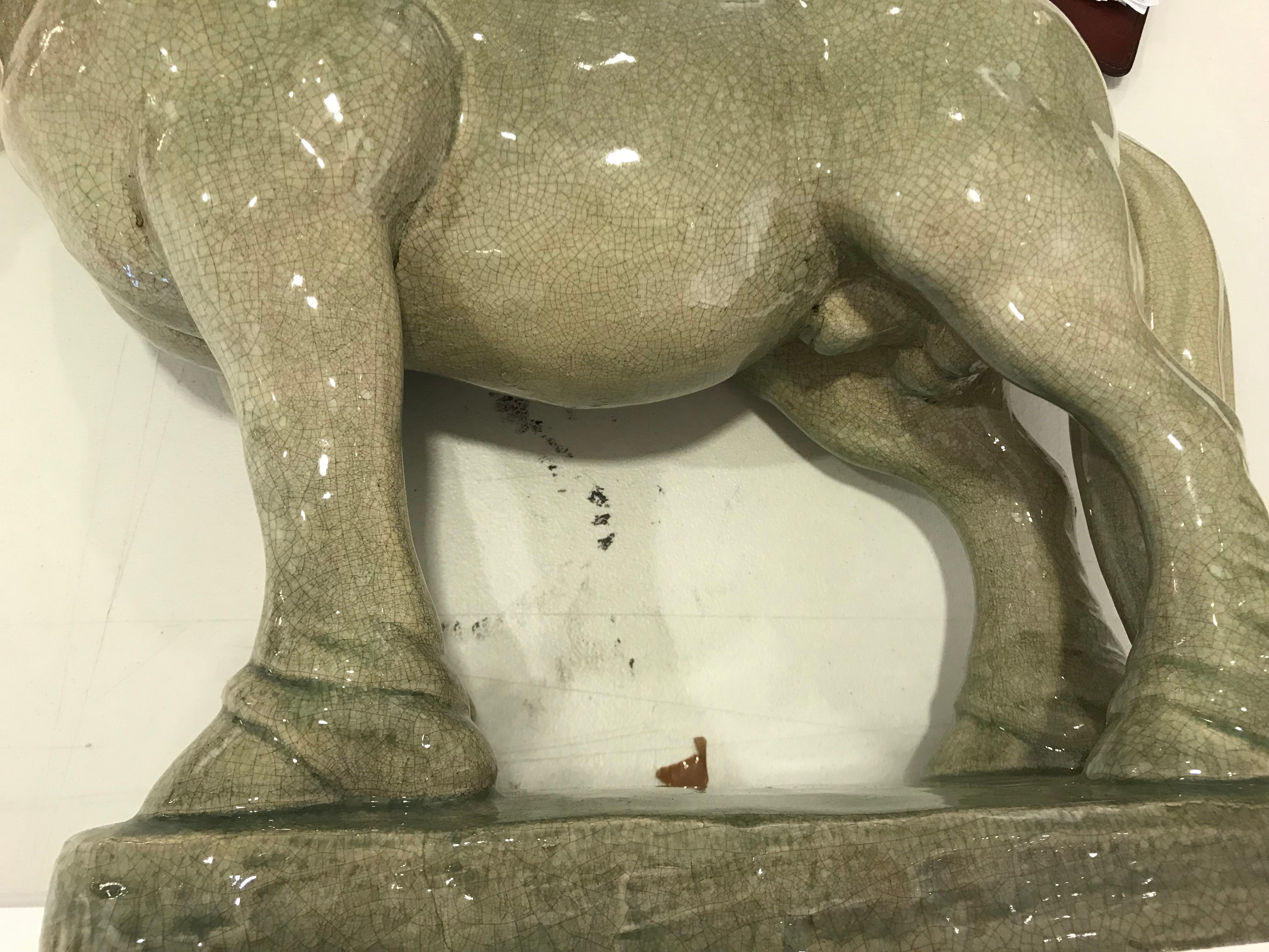 Glazed Crackled Ceramic Celadon Horse Sculpture For Sale 3