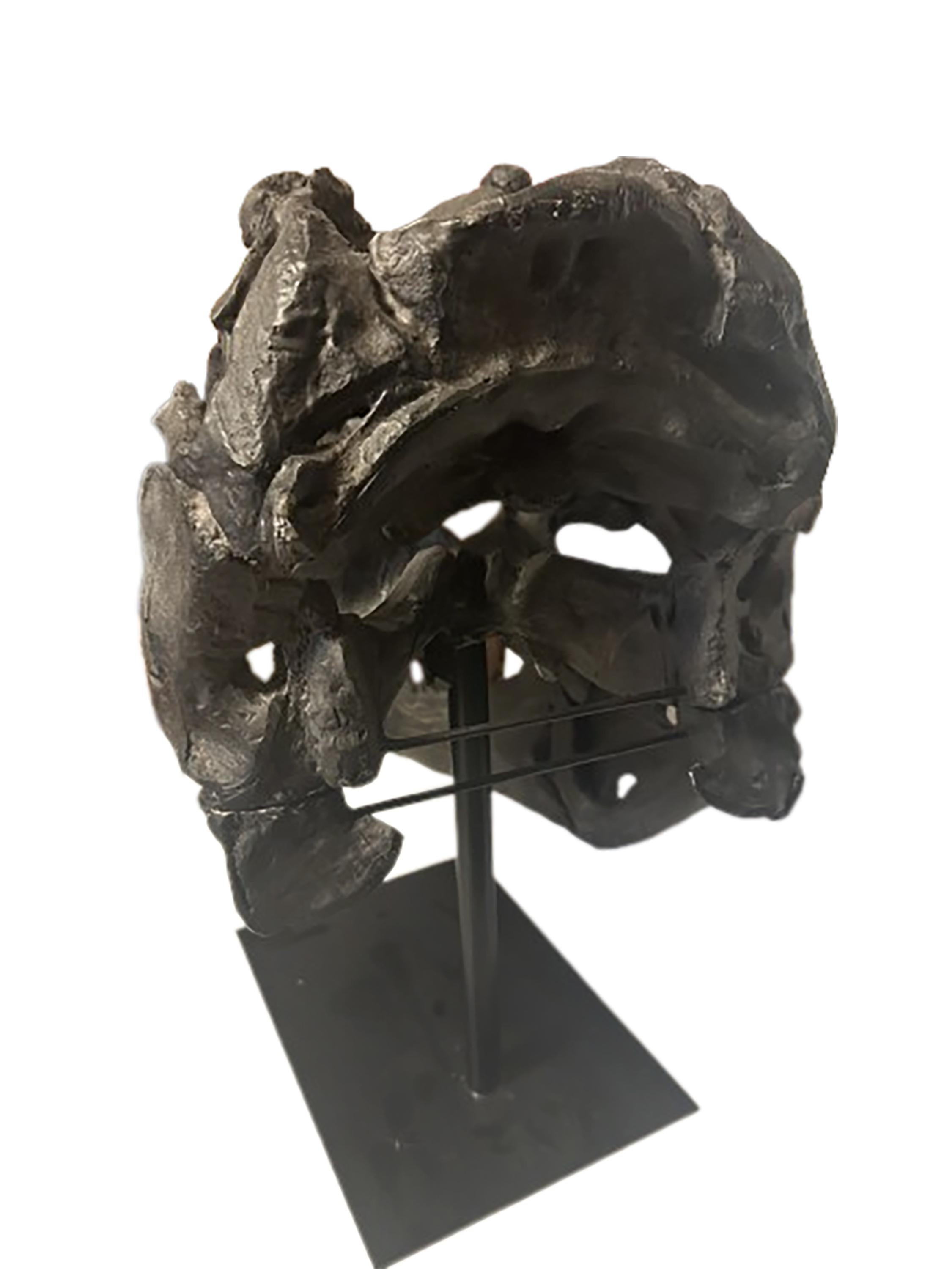 An intriguing bronze finish cast of a dinosaur skull mounted on a steel rod and base. Made from cast resin. Highly detailed reproduction with realistic skeletal texture. 

No obvious markings on the bottom of the base or piece. 

In excellent