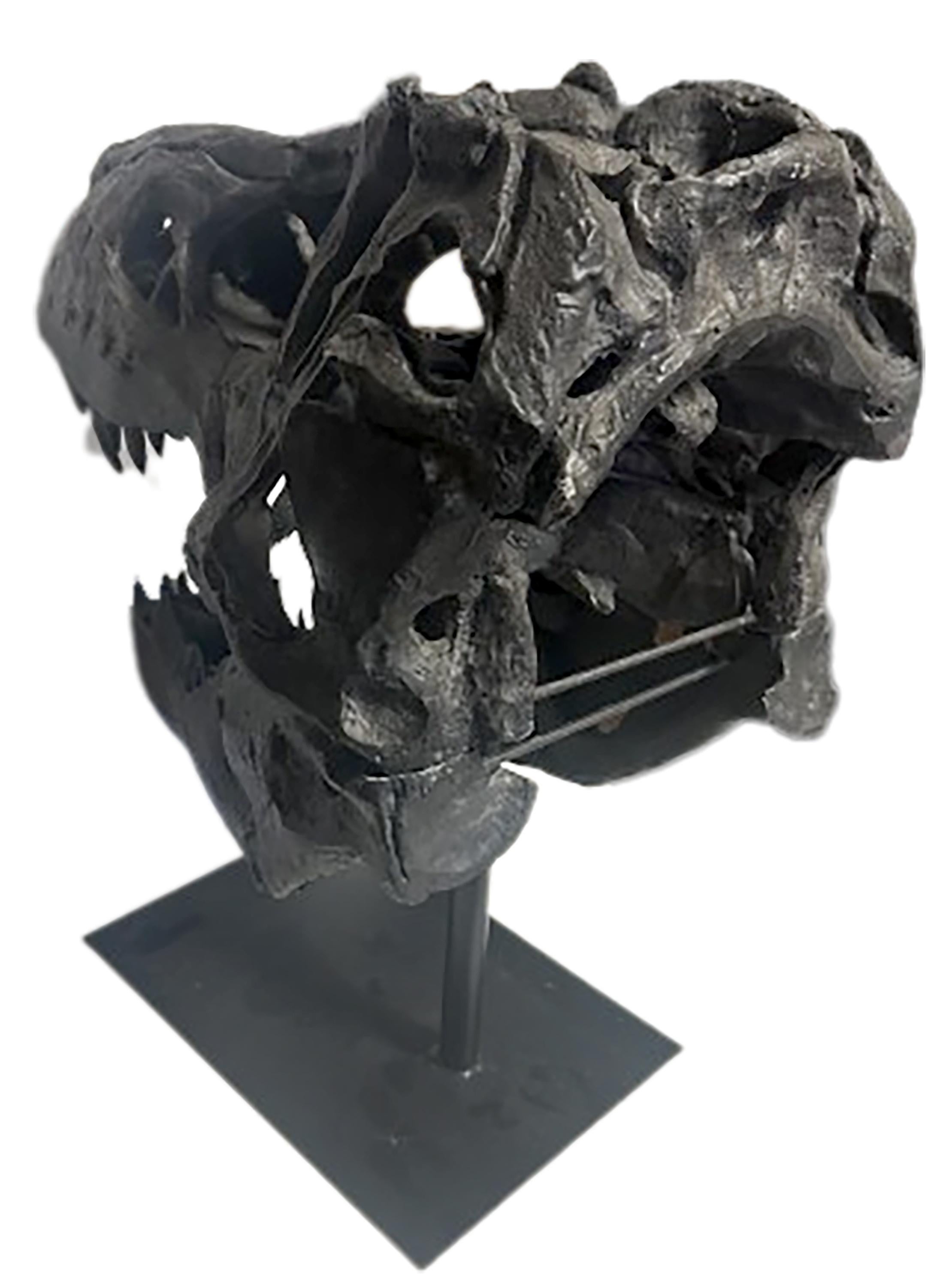 Glazed Dark Bronze Finish Dinosaur Skull with Base For Sale 2