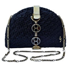 Vintage Glazed Dark Navy Blue Wicker Shoulder Bag with Gold Plated Fittings